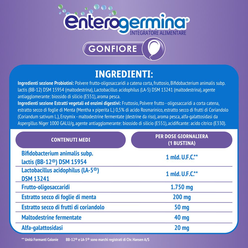 Enterogermina Gonfiore, Probiotici, Enzimi Digestivi, Fermenti Lattici, Adulti, Contro Gonfiore Addominale, 20 Bustine