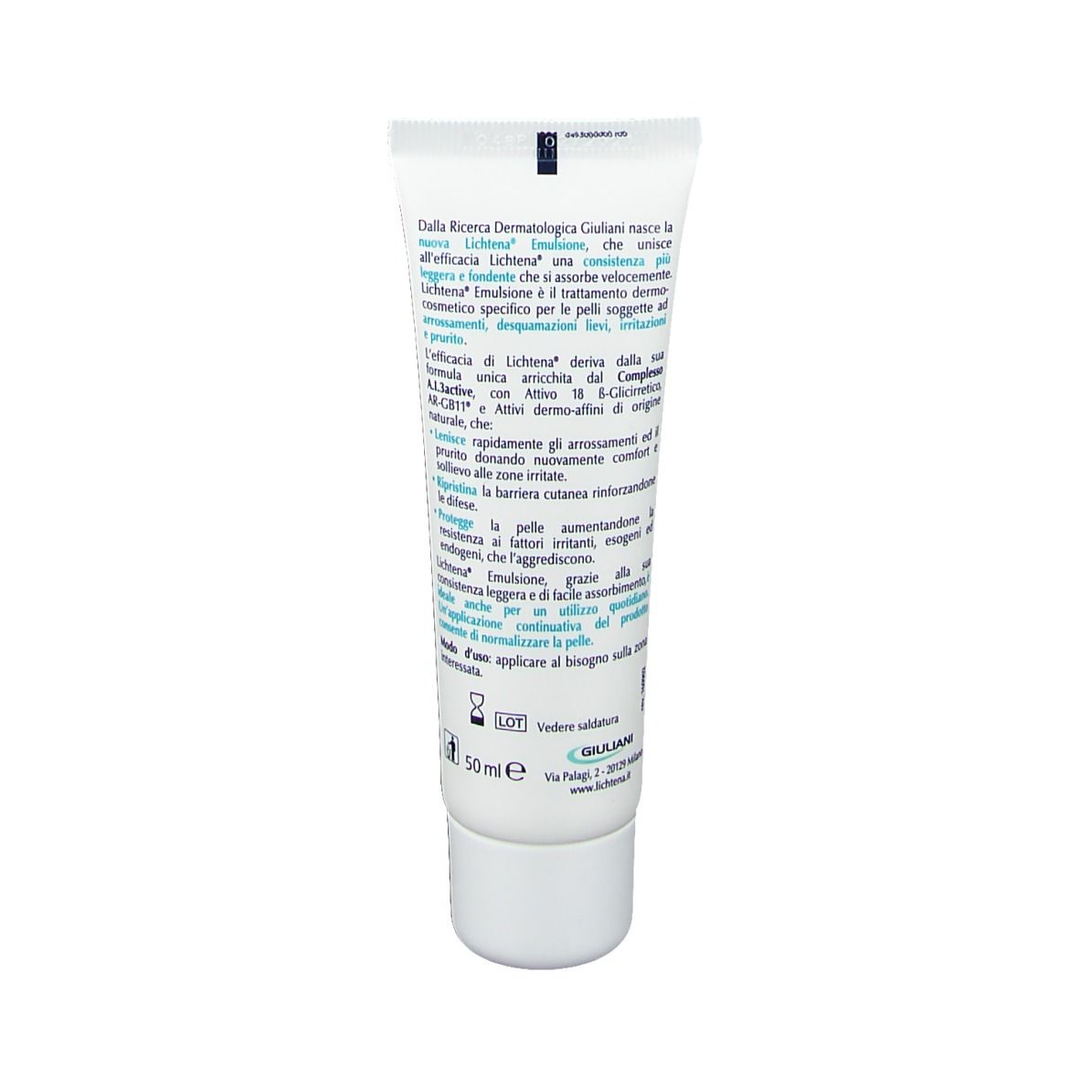 Retro del tubo. Testo: 'Dalla Ricerca Dermatologica Giuliani'.