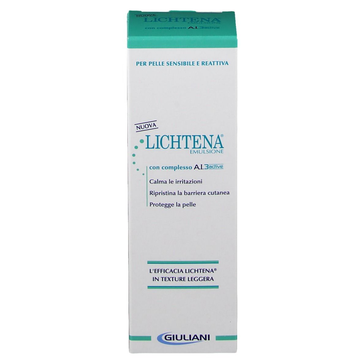 Confezione, verde-bianco. Testo: LICHTENA Emulsion, 'PER PELLE SENSIBILE E REATTIVA'.