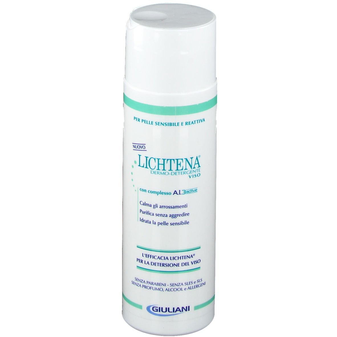 Flacone bianco-verde. Scritta: Lichtena, Dermo-Detergente Viso. Testo: Per pelli sensibili. Logo Giuliani.