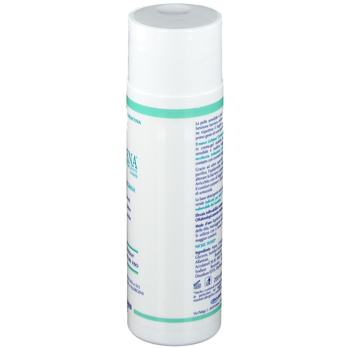 Flacone bianco con dettagli verdi. Testo in italiano. Retro con ingredienti e informazioni produttore.