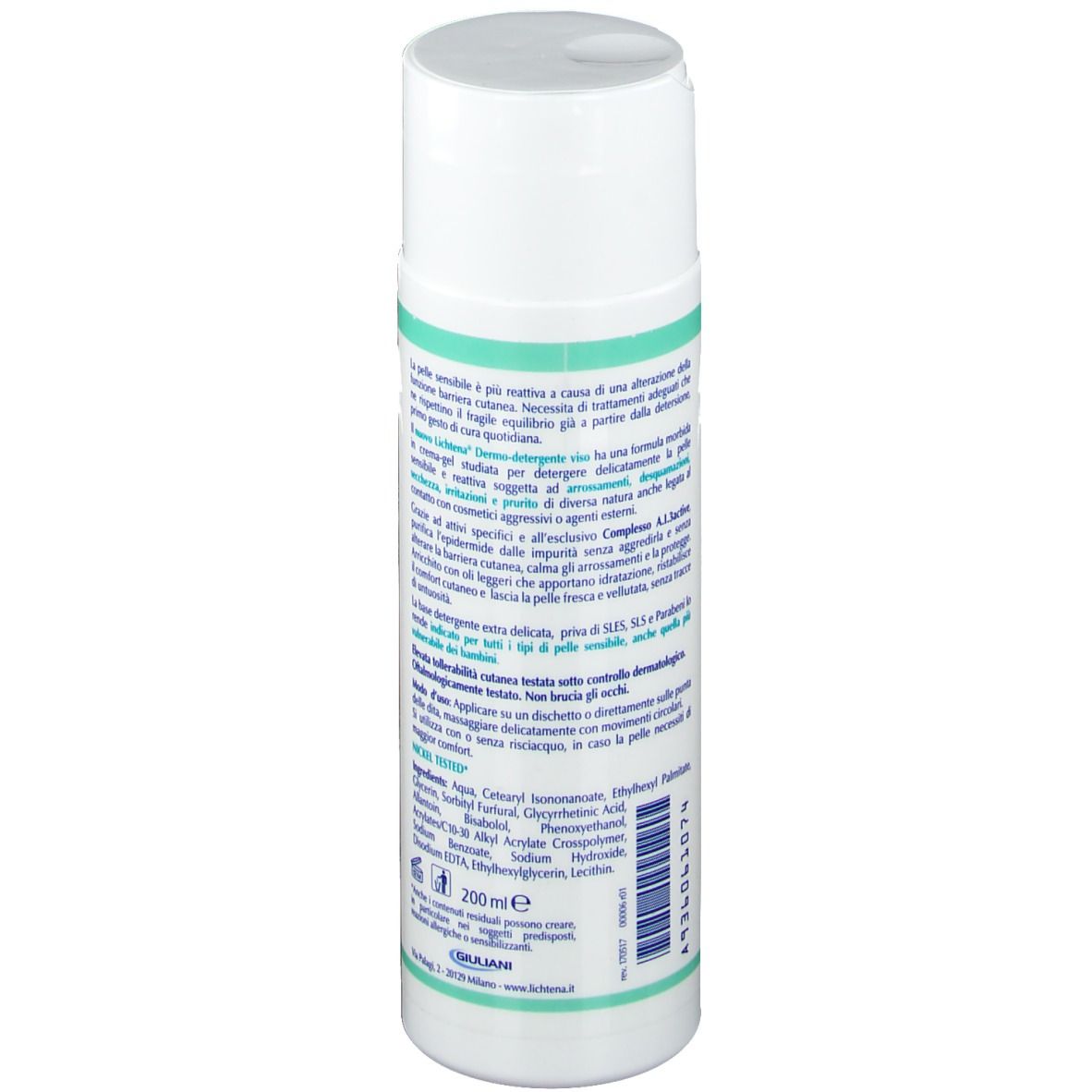 Flacone bianco con dettagli verdi. Testo in italiano. Retro con ingredienti e informazioni produttore.