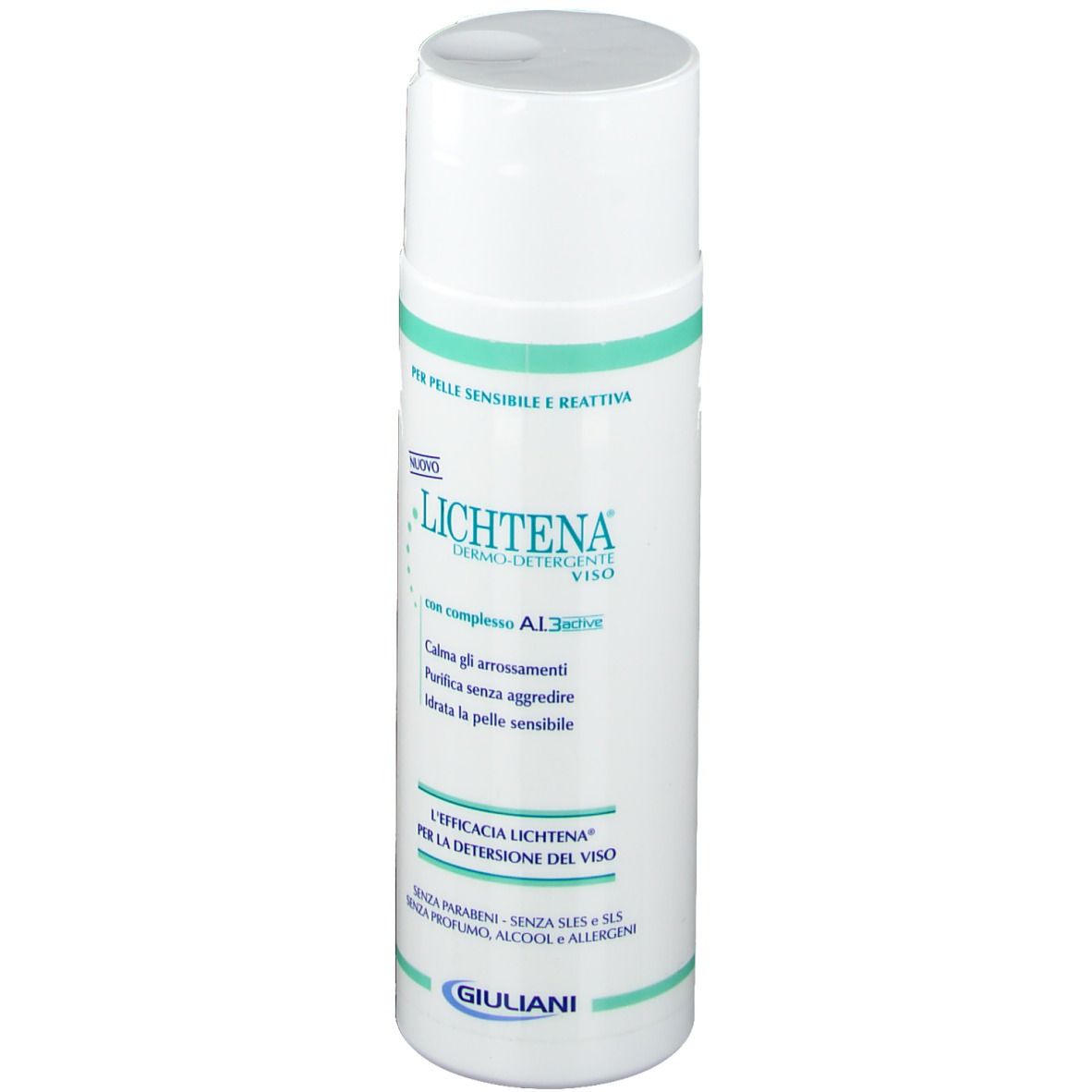Flacone bianco-verde. Scritta: Lichtena, Dermo-Detergente Viso. Testo: Per pelli sensibili. Logo Giuliani.