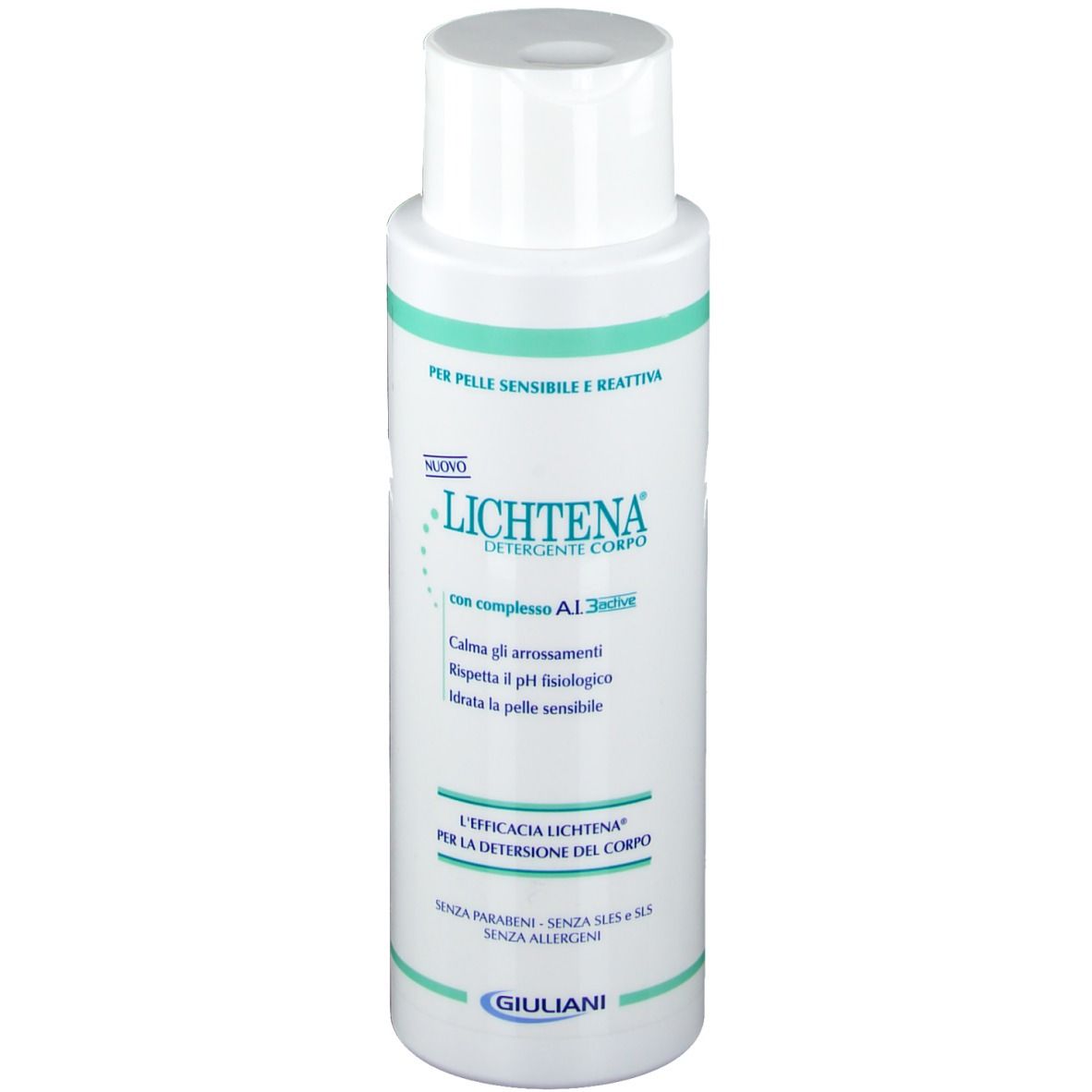 Flacone bianco con etichetta verde. Scritta: Lichtena, Detergente Corpo. Per pelli sensibili. Logo Giuliani.