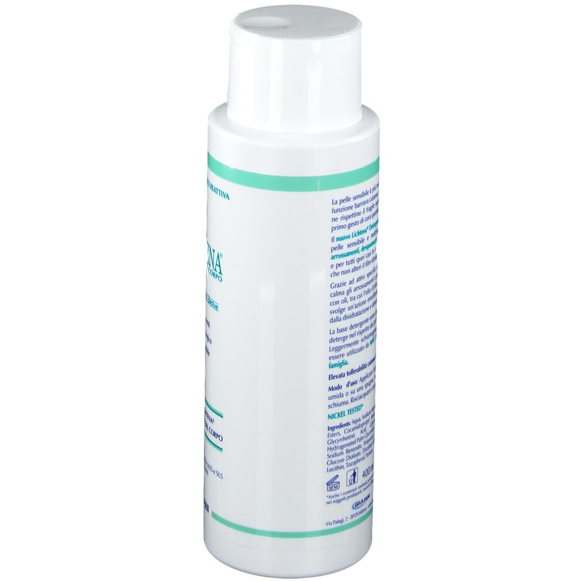 Flacone bianco con etichetta verde. Testo in italiano. Nome prodotto: Lichtena Detergente Corpo. Logo Giuliani. Ingredienti.