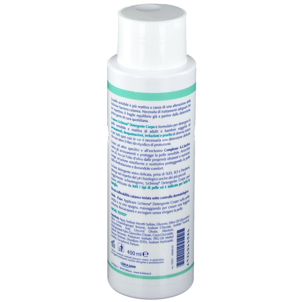 Flacone bianco con etichetta verde. Testo in italiano. Nome prodotto: Lichtena Detergente Corpo. Volume: 400 ml. Logo Giuliani.