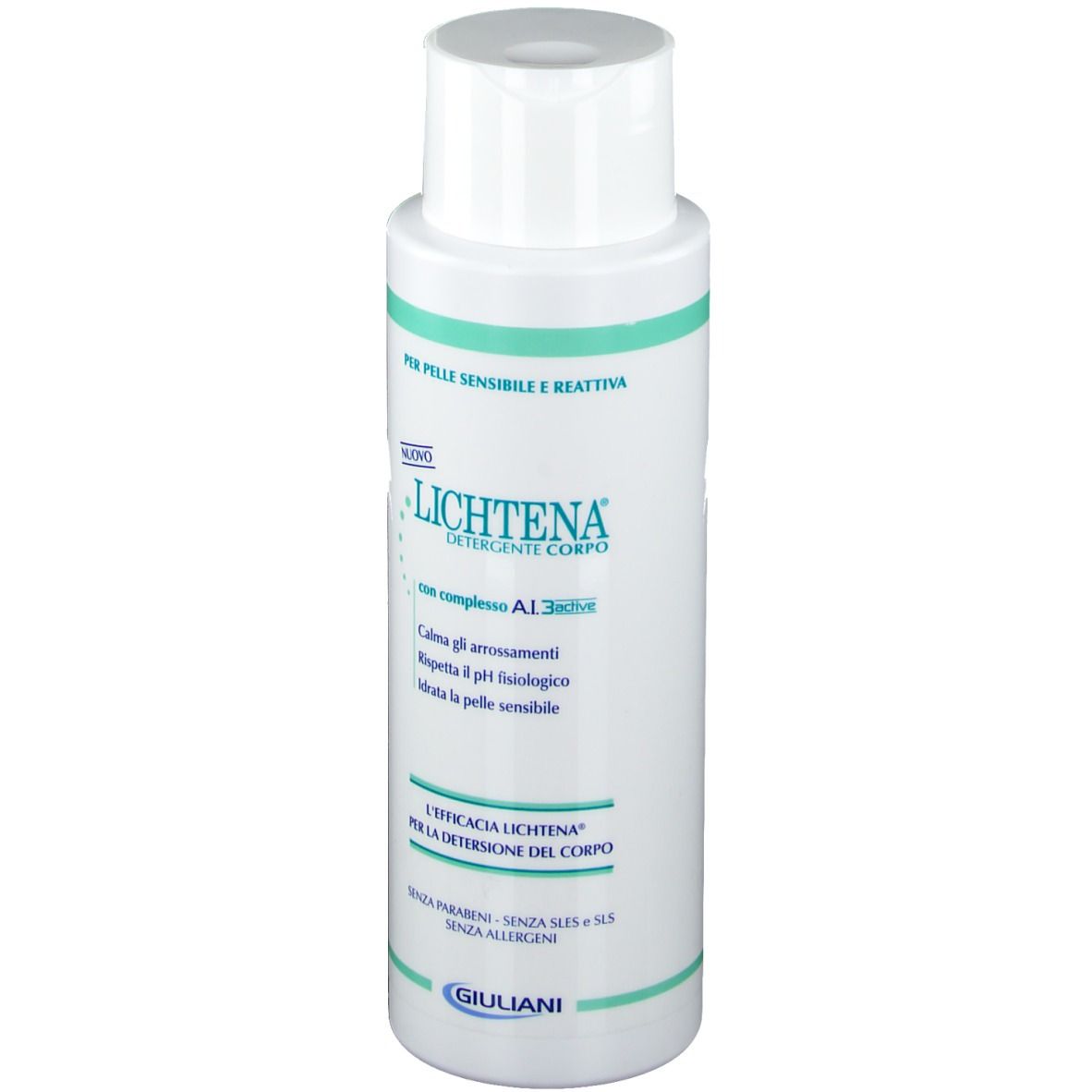 Flacone bianco con etichetta verde. Scritta: Lichtena, Detergente Corpo. Per pelli sensibili. Logo Giuliani.