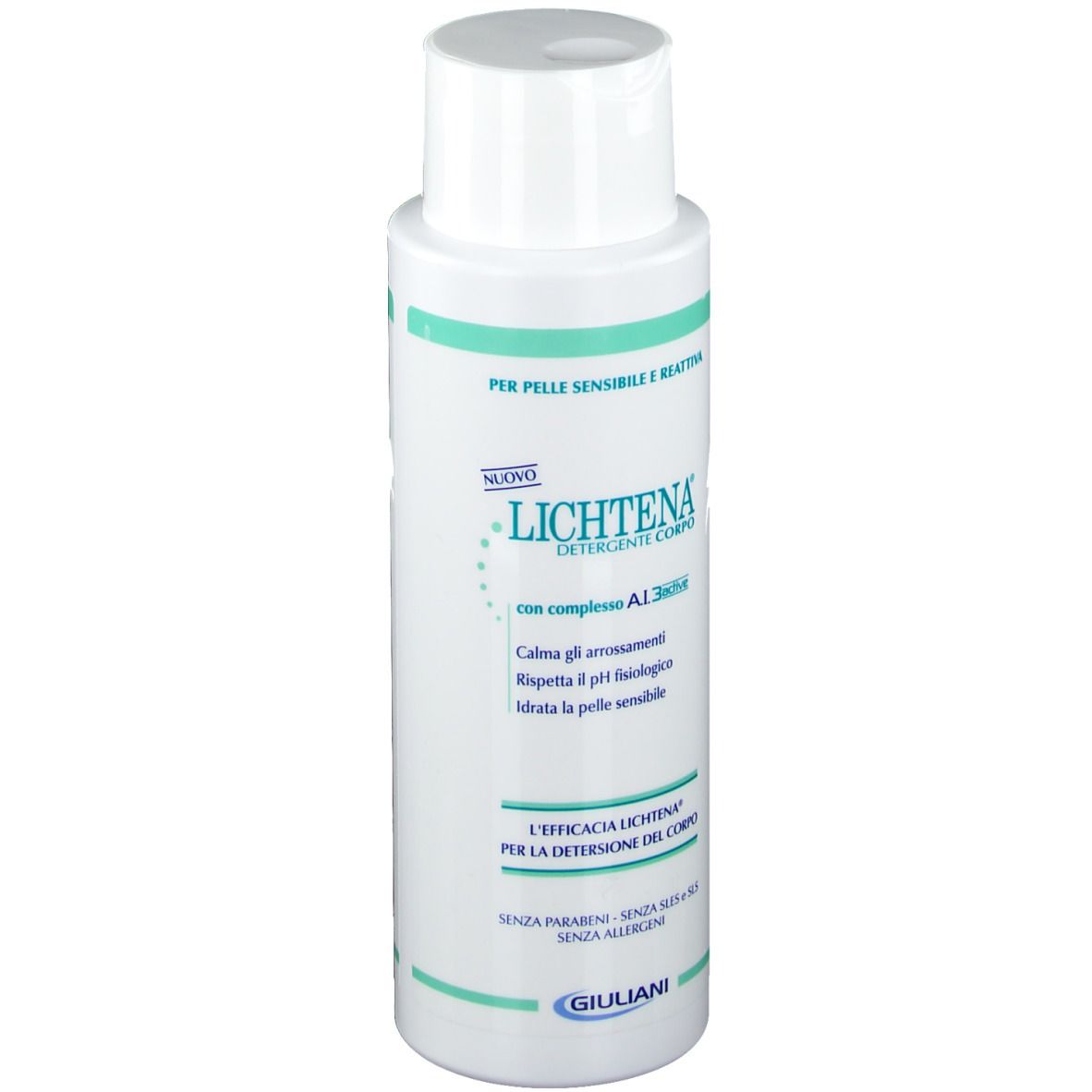 Flacone bianco con etichetta verde. Scritta: Lichtena, Detergente Corpo. Per pelli sensibili. Logo Giuliani.