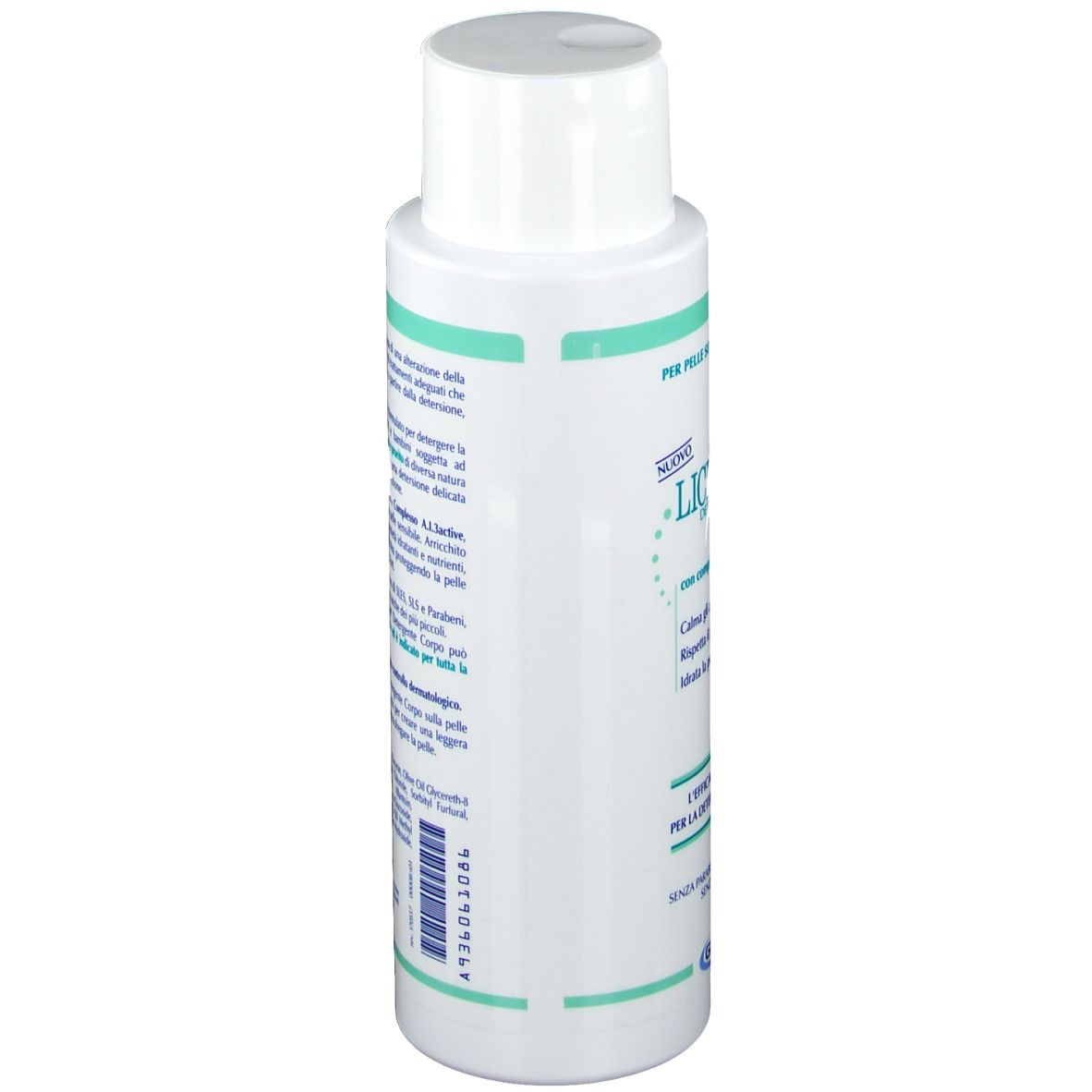 Flacone bianco con etichetta verde. Testo in italiano. Nome prodotto: Lichtena Detergente Corpo. Logo Giuliani. Codice a barre.
