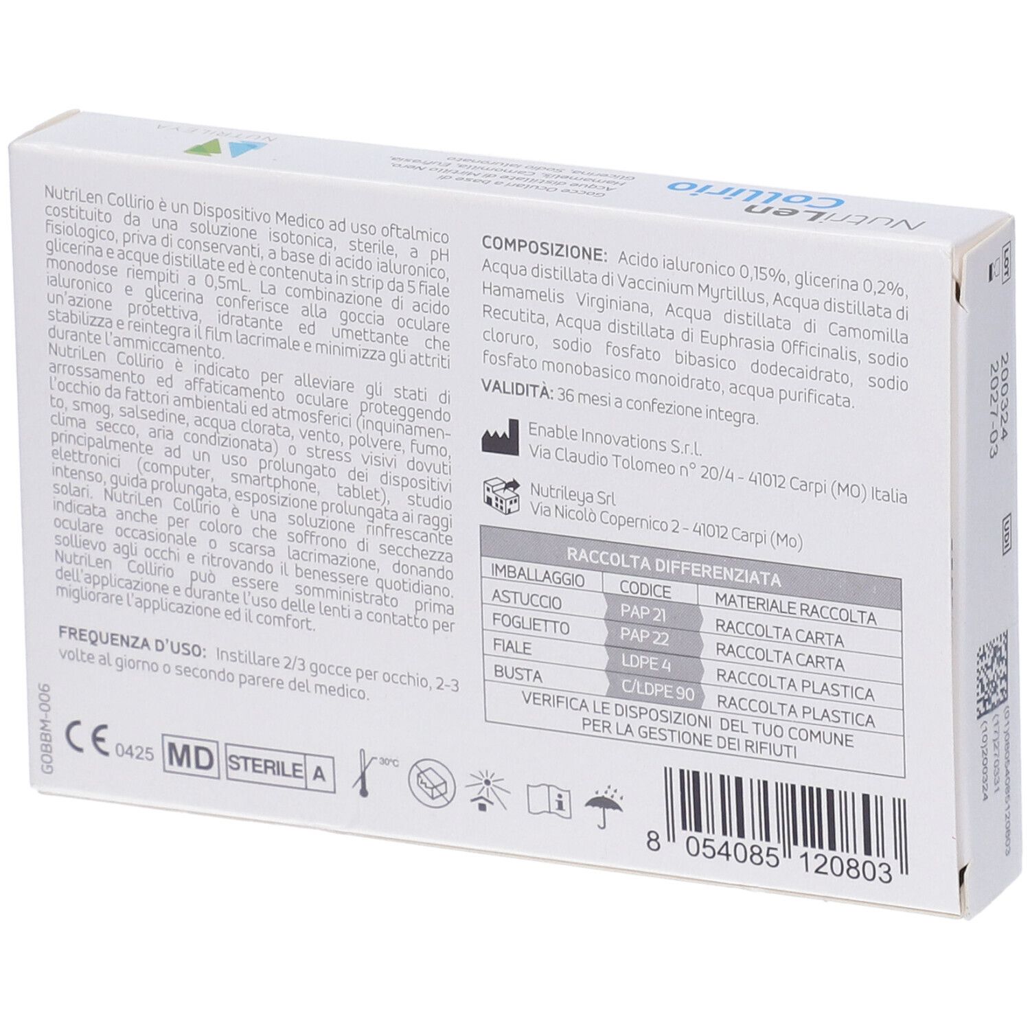 Confezione di gocce oculari NutriLen Colirio, 10 flaconcini monodose da 0,5 ml.