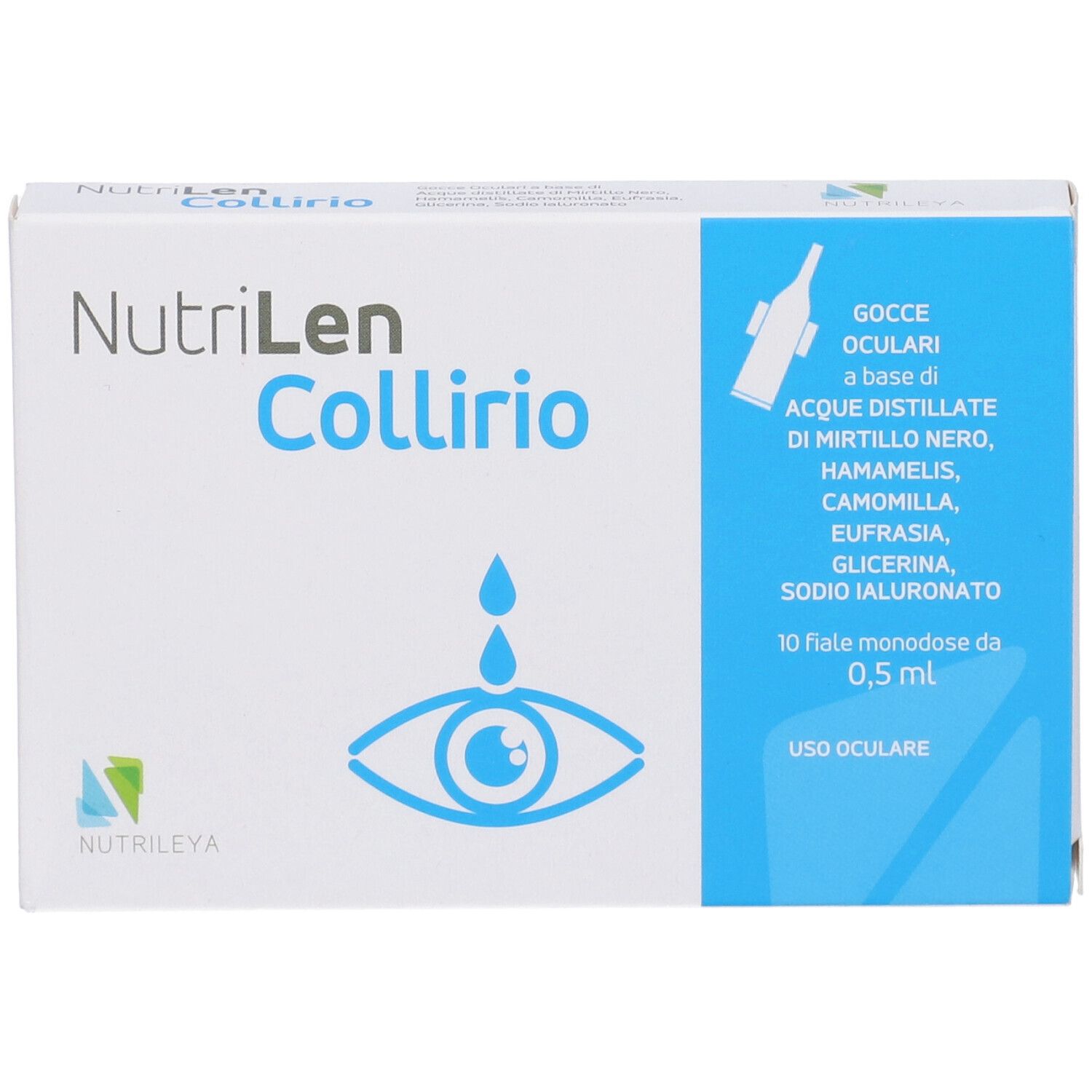 Confezione di gocce oculari NutriLen Colirio, 10 flaconcini monodose da 0,5 ml.