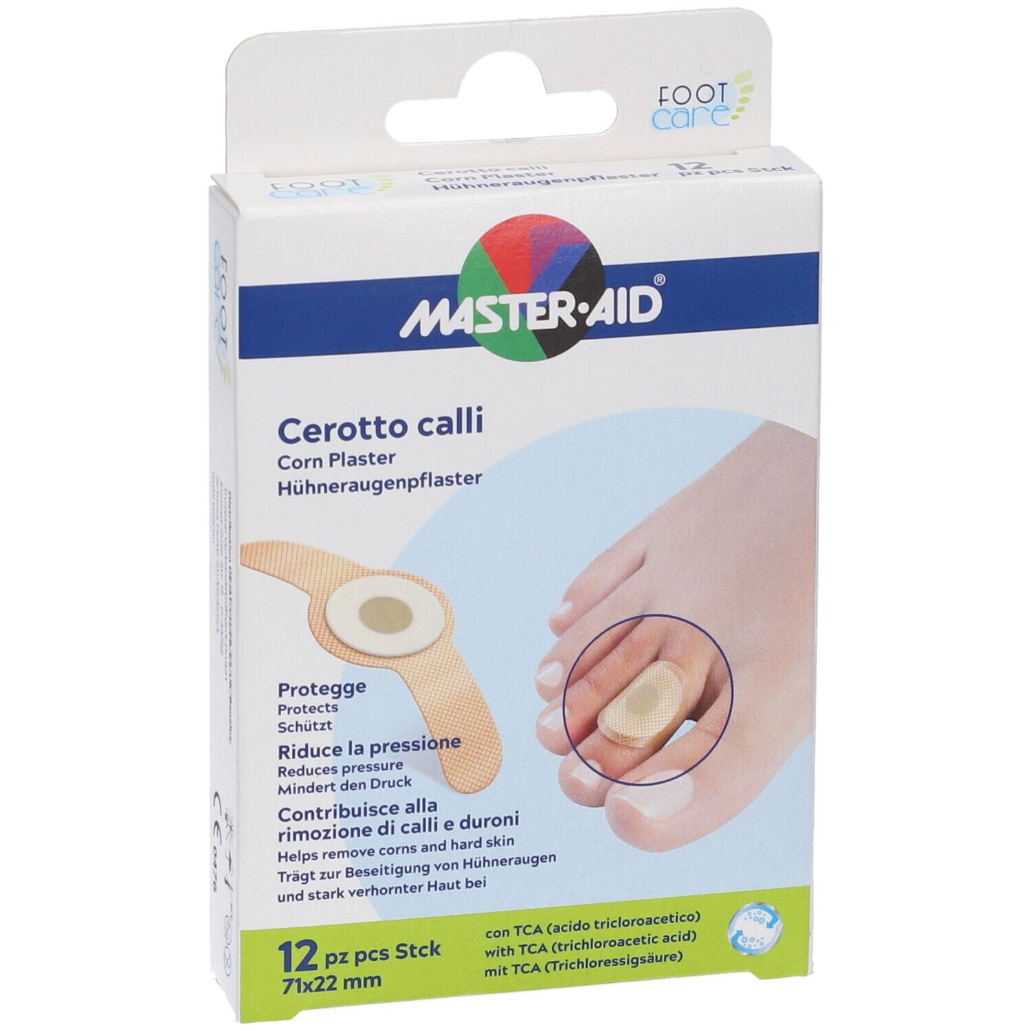 Confezione Master-Aid Cerotto Calli. Mostra un piede con un cerotto. Confezione da 12, 71x22 mm.