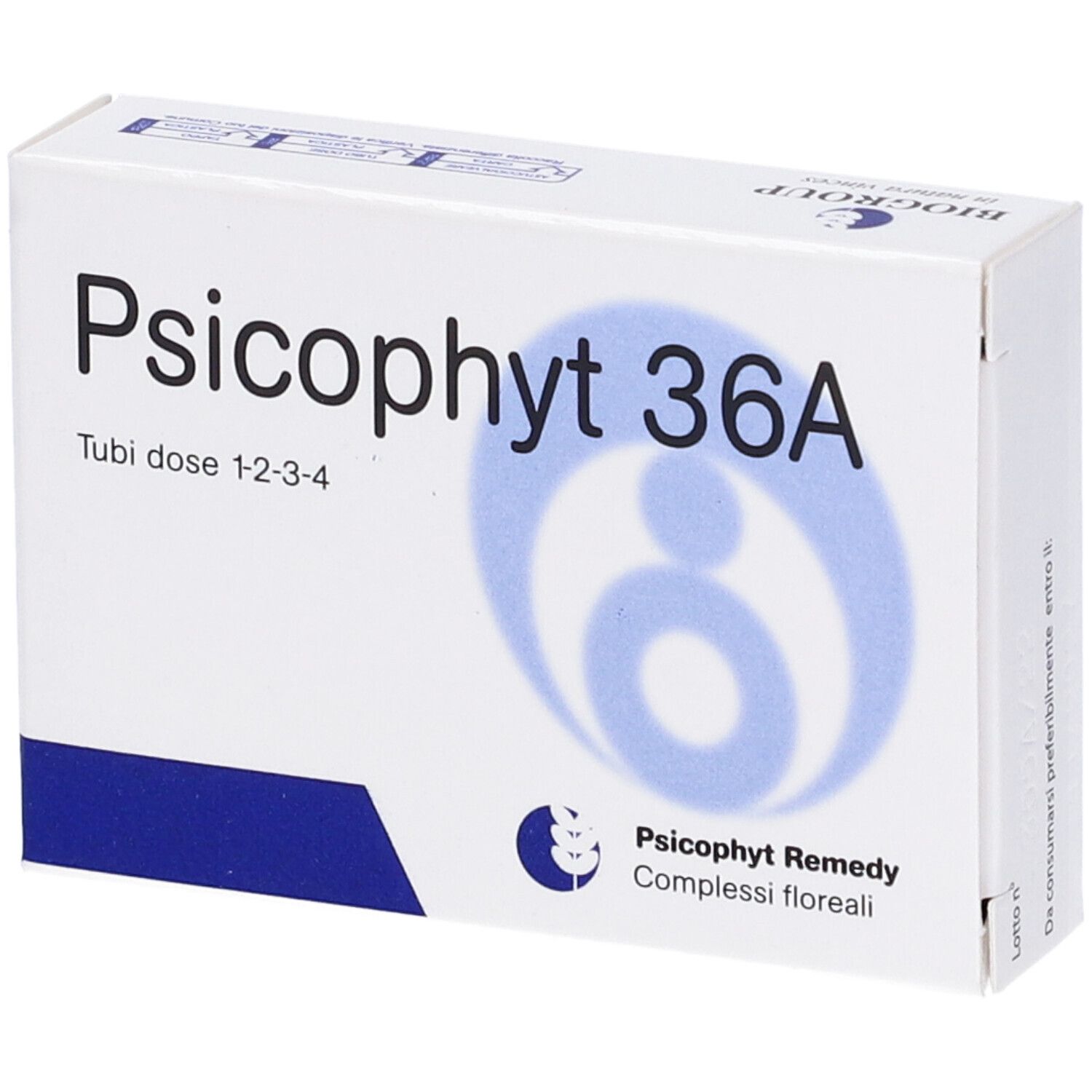 Scatola bianca con "Psicophyt 36A". Grafica blu e testo "Tubi dose 1-2-3-4". Logo "Psicophyt Remedy".