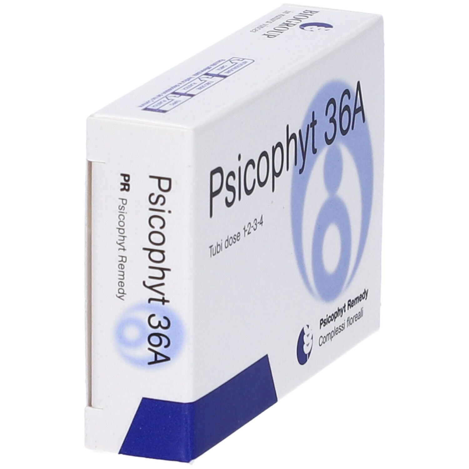 Scatola bianca con "Psicophyt 36A". Grafica blu e testo "Tubi dose 1-2-3-4". Logo "Psicophyt Remedy".
