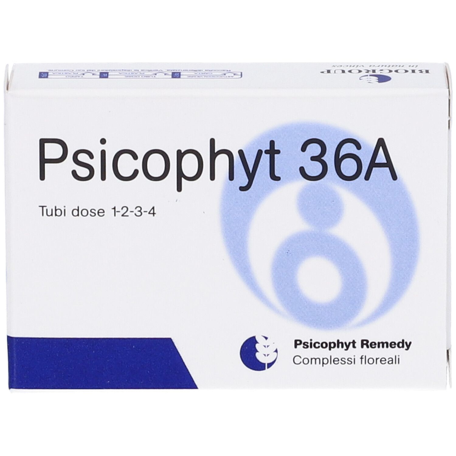 Scatola bianca con "Psicophyt 36A". Grafica blu e testo "Tubi dose 1-2-3-4". Logo "Psicophyt Remedy".