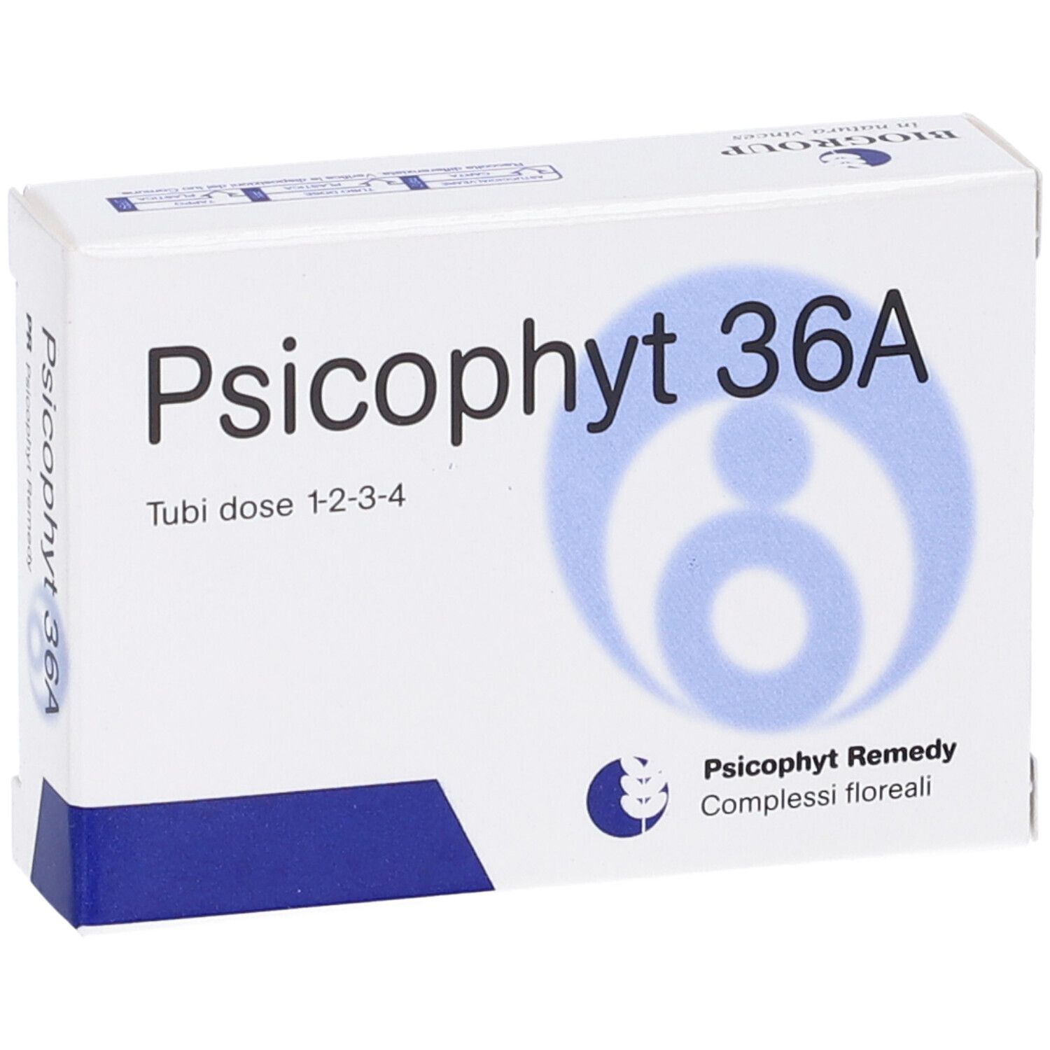 Scatola bianca con "Psicophyt 36A". Grafica blu e testo "Tubi dose 1-2-3-4". Logo "Psicophyt Remedy".