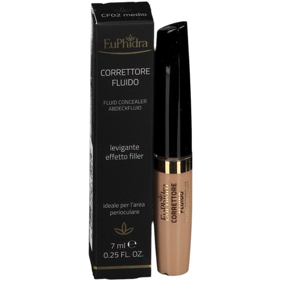 Correttore EuPhidra con confezione. Scatola nera, prodotto accanto. Testo: Correttore Fluido, 7 ml.