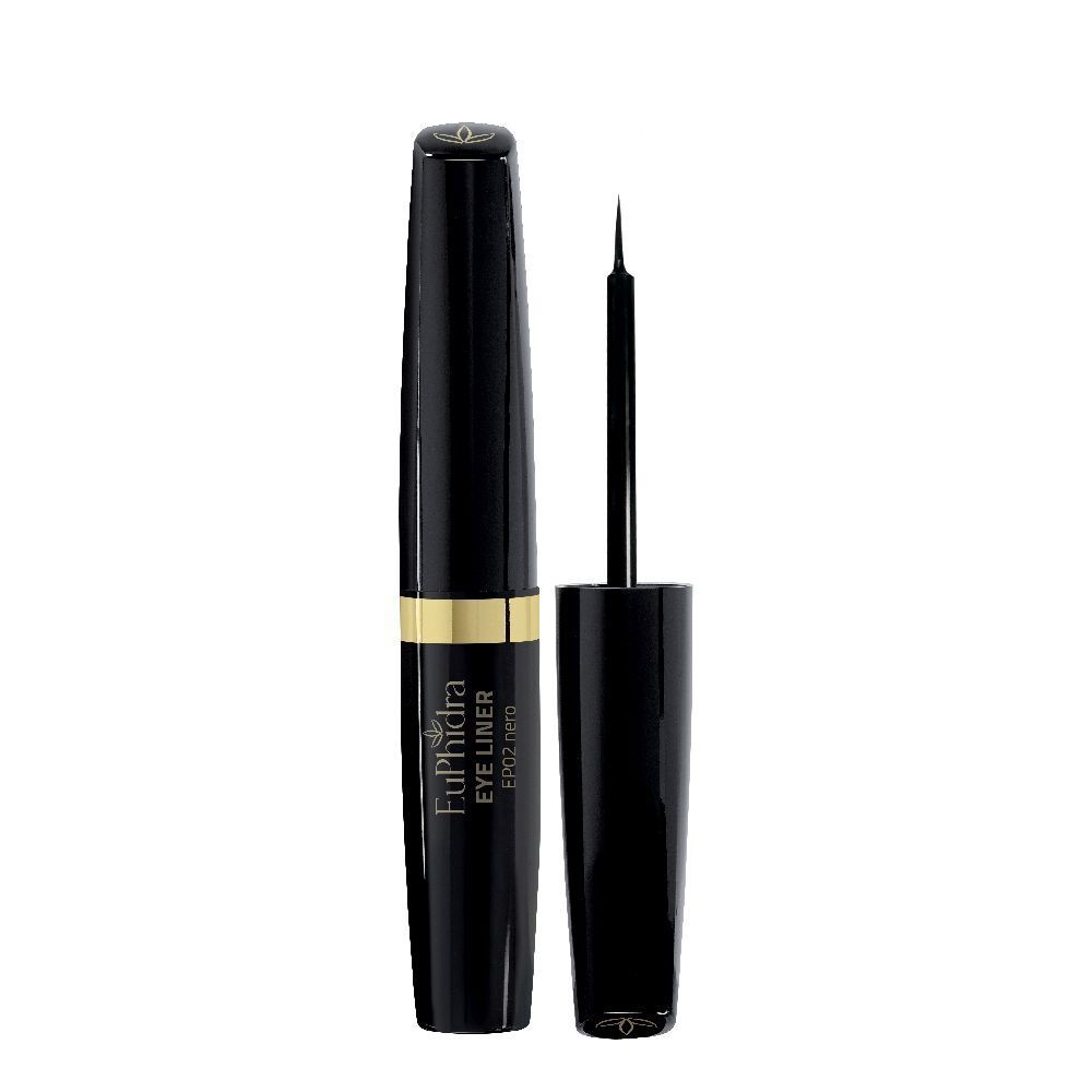 Eyeliner nero con applicatore. Flacone nero con fascia oro. Marchio: EuPhidra.