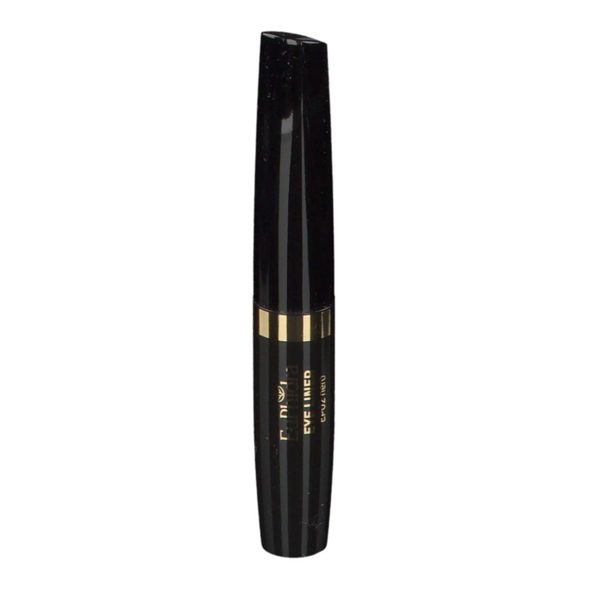 Contenitore eyeliner nero con fascia oro. Strisce verticali. Marchio: EuPhidra.