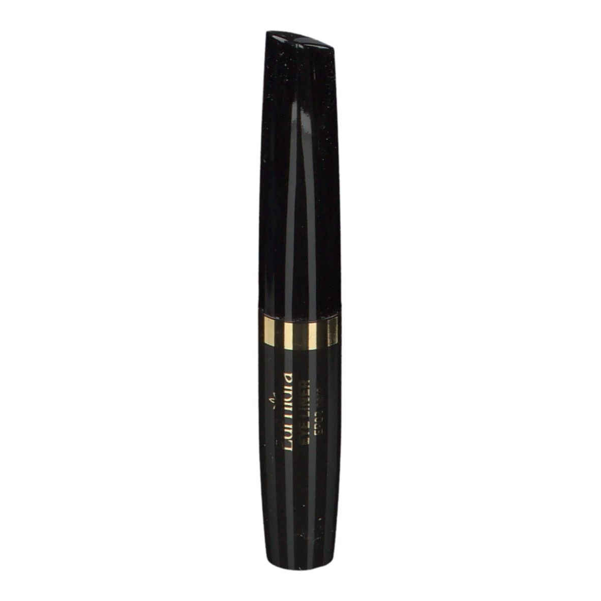 Contenitore eyeliner nero con fascia oro. Strisce verticali. Marchio: EuPhidra.