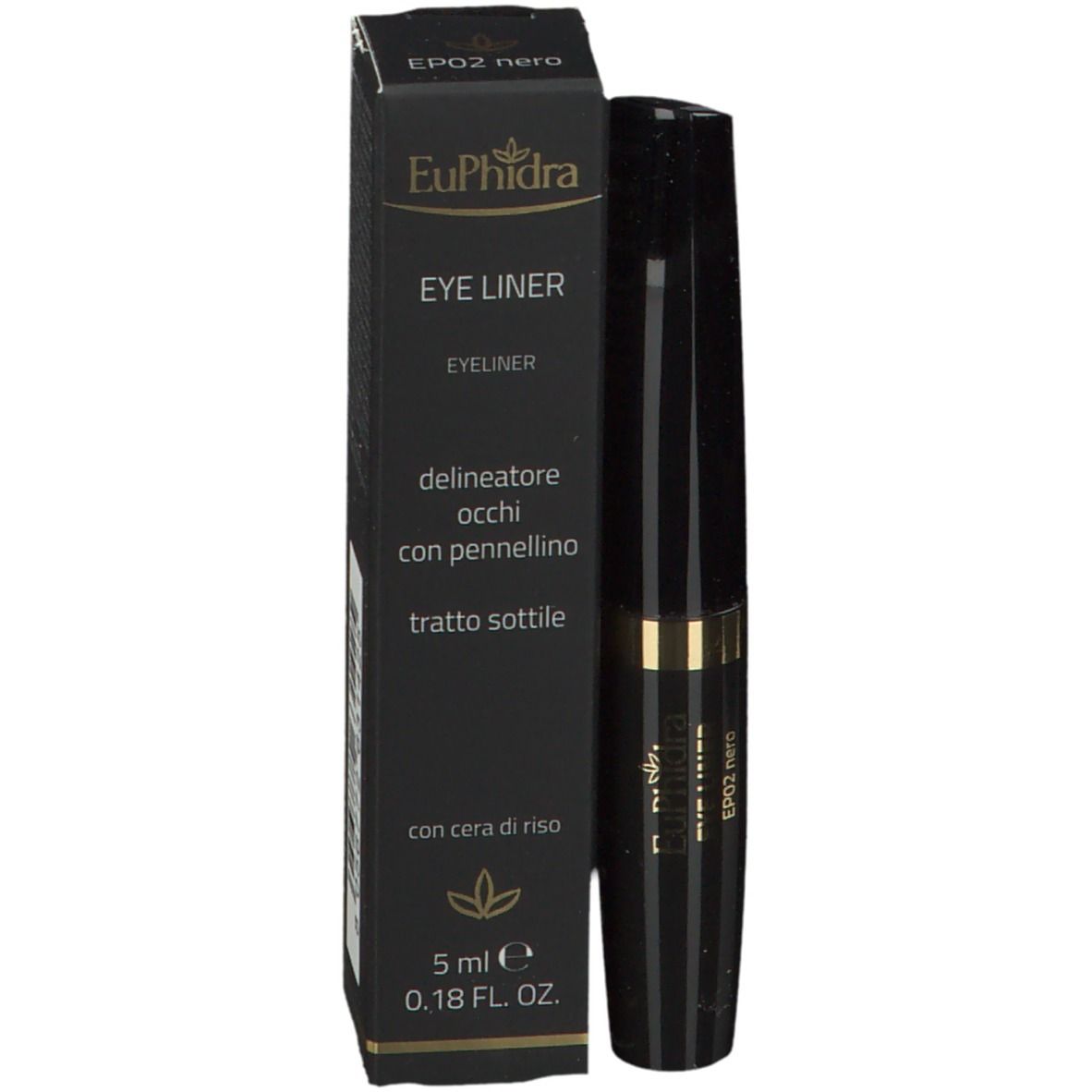 Contenitore eyeliner nero con fascia oro. Strisce verticali. Marchio: EuPhidra.