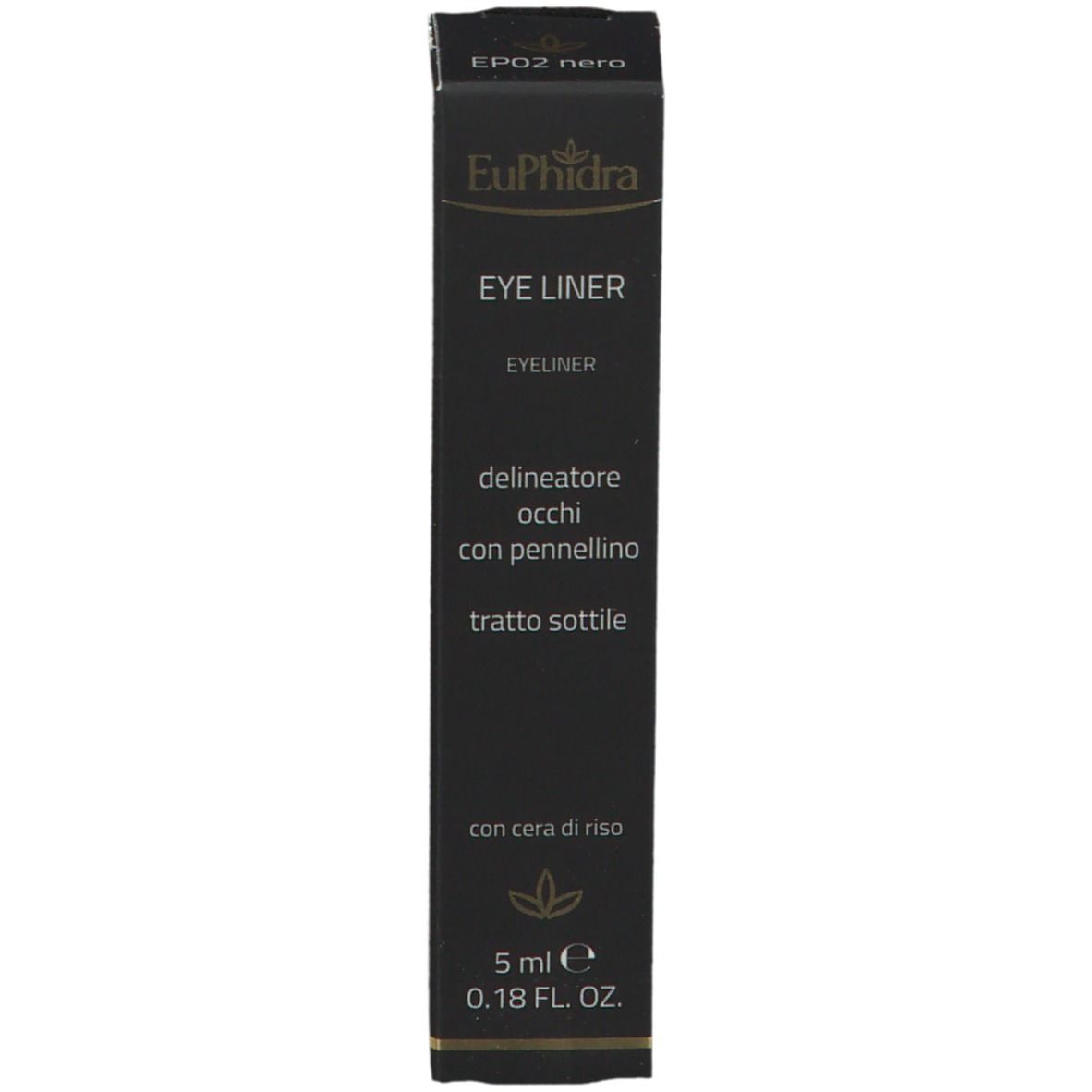 Confezione eyeliner nero con prodotto e testo. Marchio: EuPhidra. Testo: Eyeliner, 5 ml.