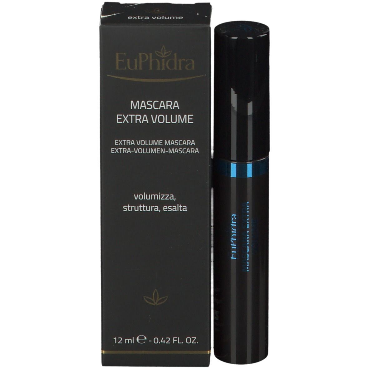 Mascara nero e confezione. Marchio EuPhidra. Testo: Mascara Extra Volume.
