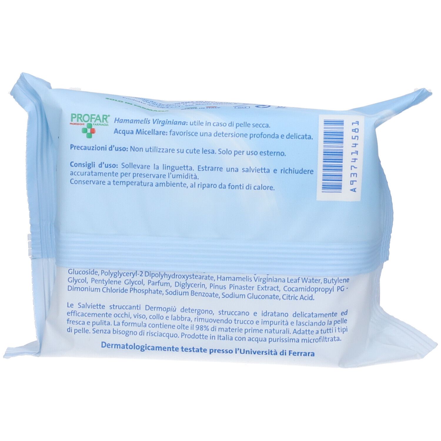 Retro della confezione. Contiene testo e ingredienti. Marchio: Profar. Testo: Salviettine Struccanti Dermo più.