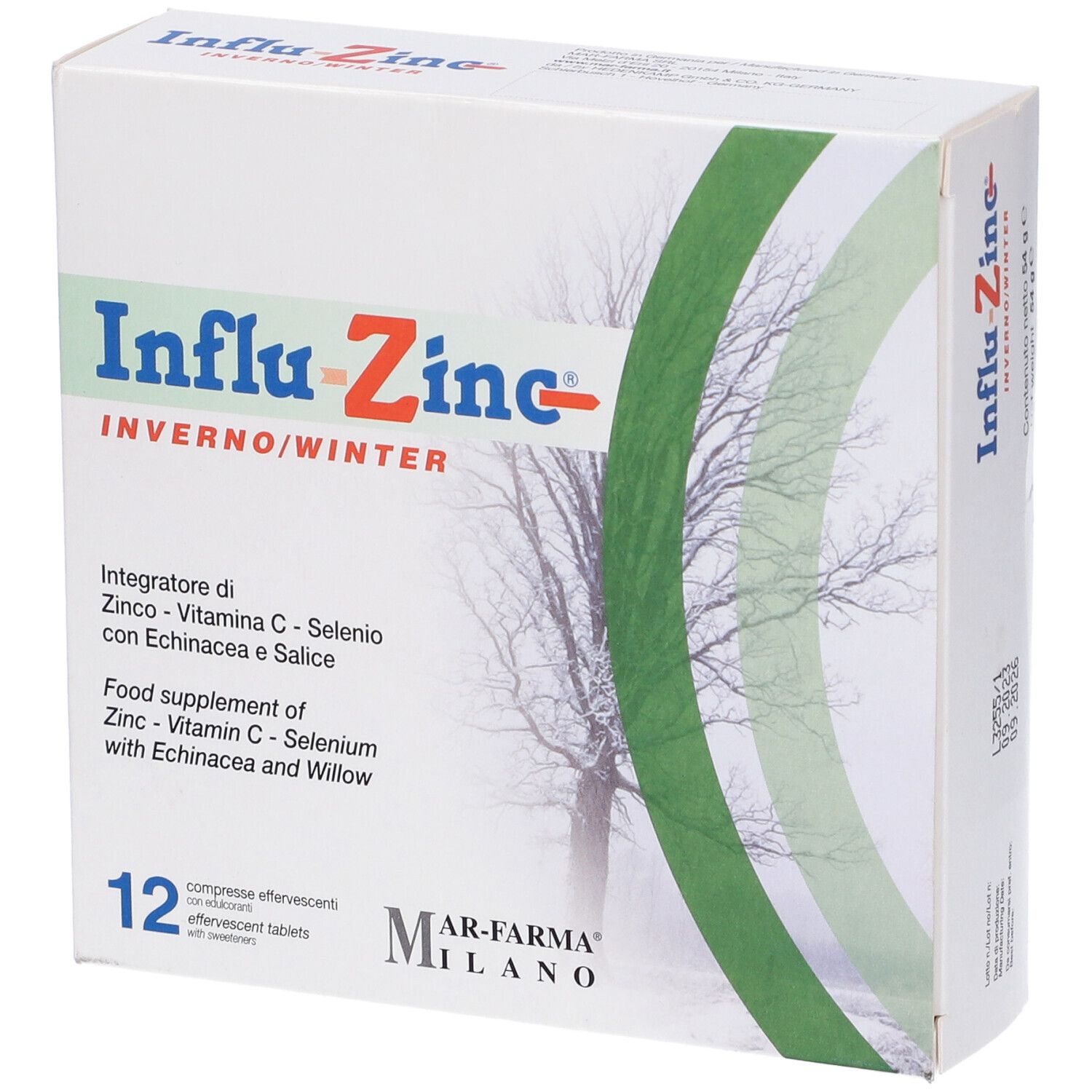 Confezione 'Influzinc Inverno/Winter' con 12 compresse effervescenti. Design verde e bianco con illustrazione albero. Marchio Mar-Farma Milano.