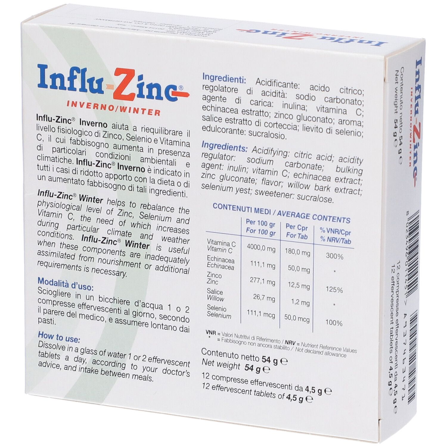 Retro della confezione 'Influzinc Inverno/Winter'. Contiene ingredienti, informazioni nutrizionali e istruzioni per l'uso.
