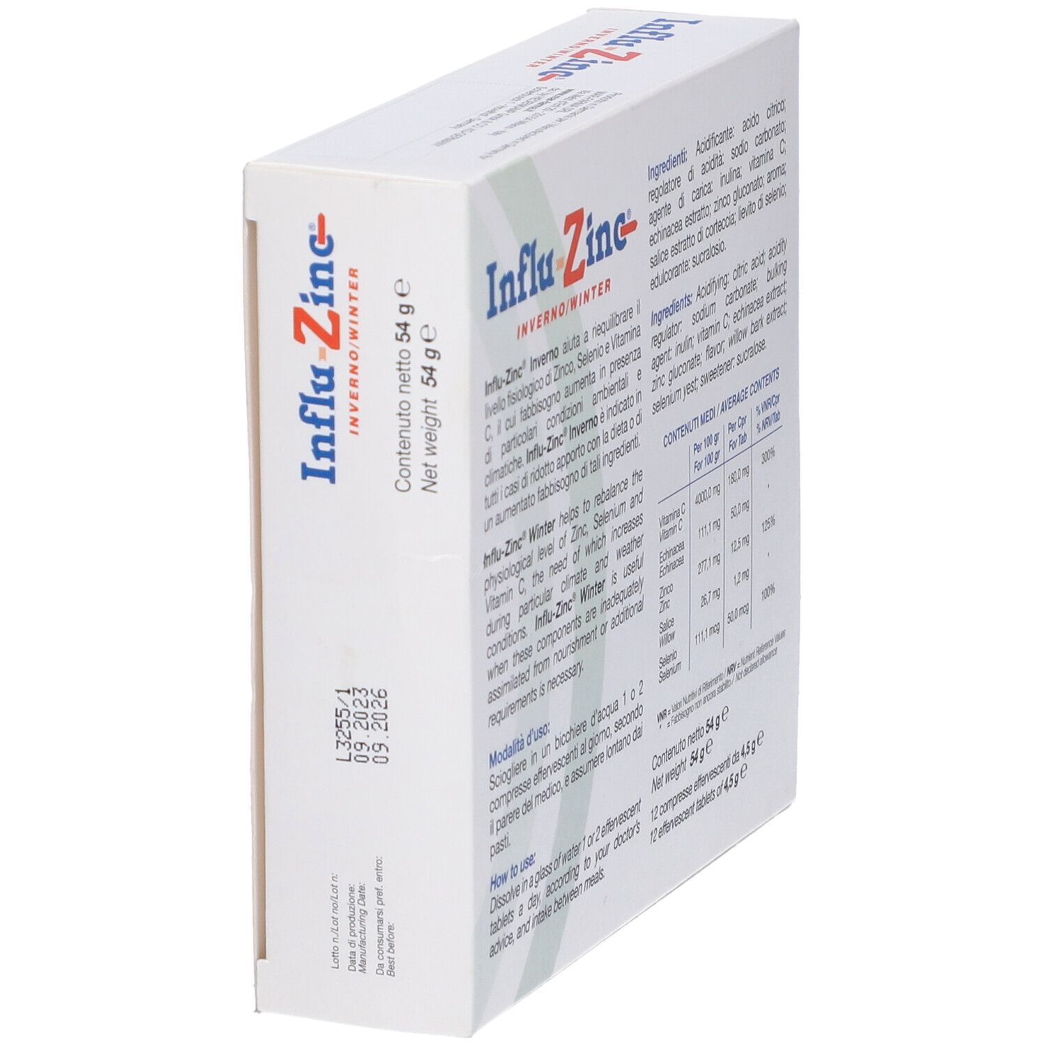 Vista laterale della confezione 'Influzinc Inverno/Winter'. Contiene ingredienti e informazioni nutrizionali.