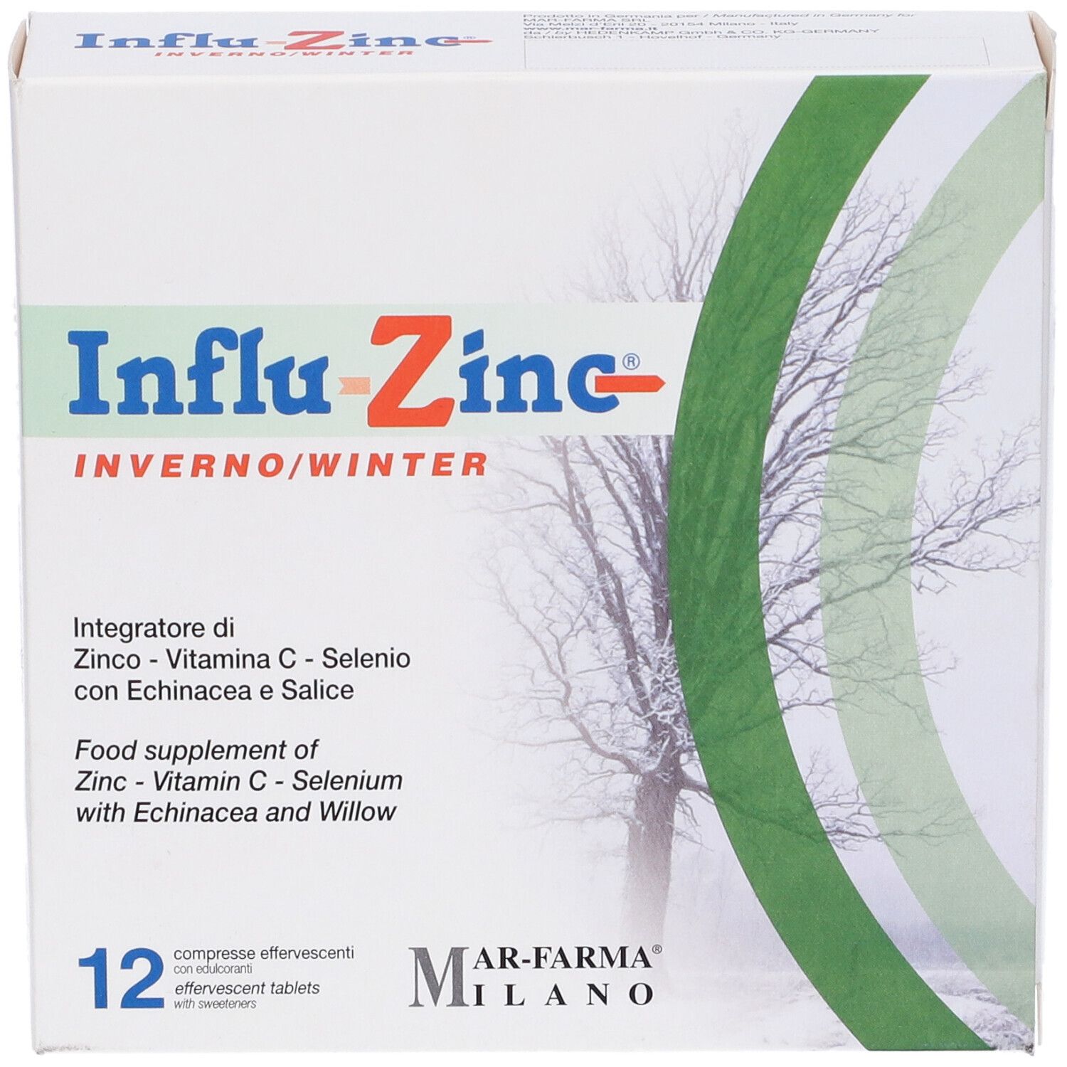 Confezione 'Influzinc Inverno/Winter' con 12 compresse effervescenti. Design verde e bianco con illustrazione albero. Marchio Mar-Farma Milano.