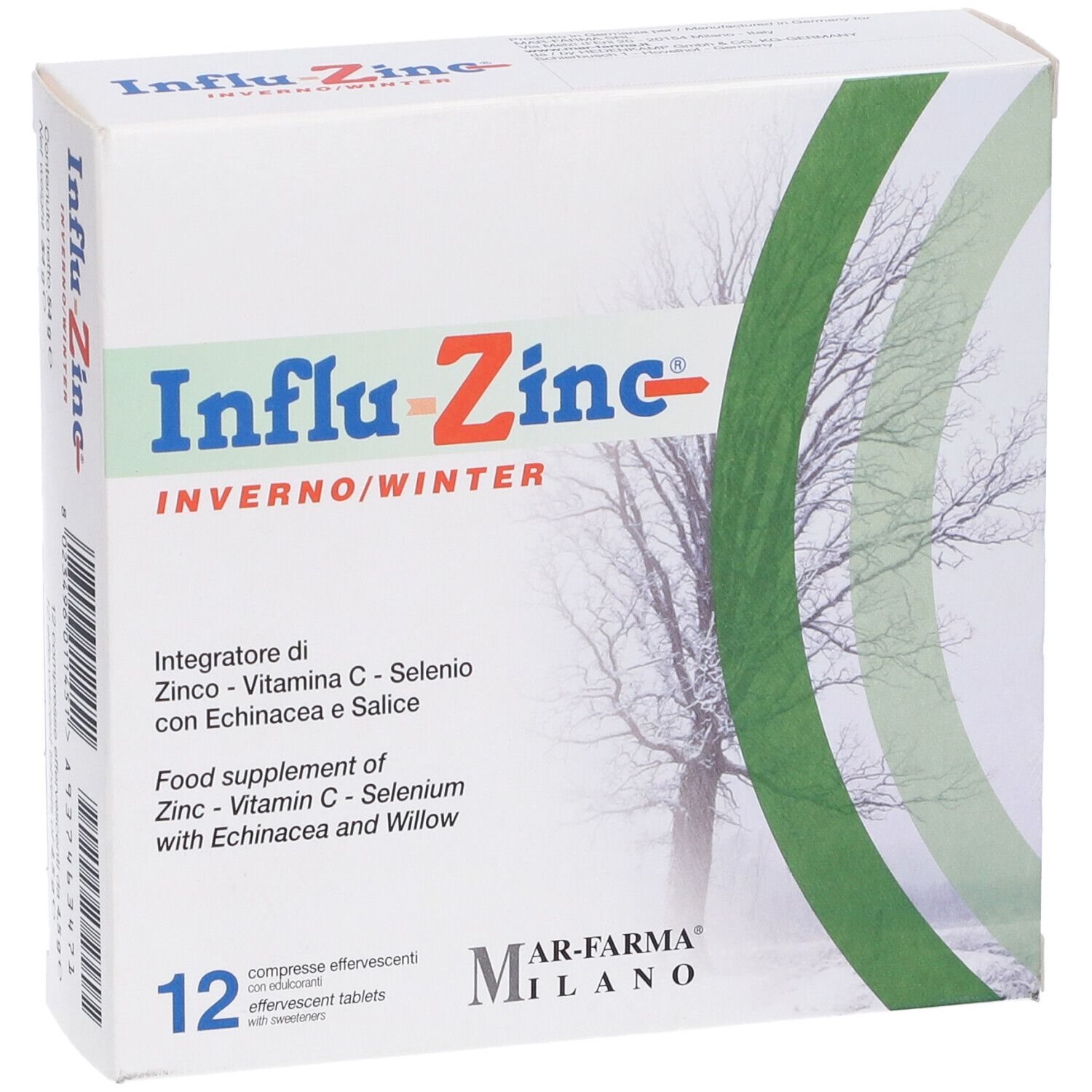 Confezione 'Influzinc Inverno/Winter' con 12 compresse effervescenti. Design verde e bianco con illustrazione albero. Marchio Mar-Farma Milano.
