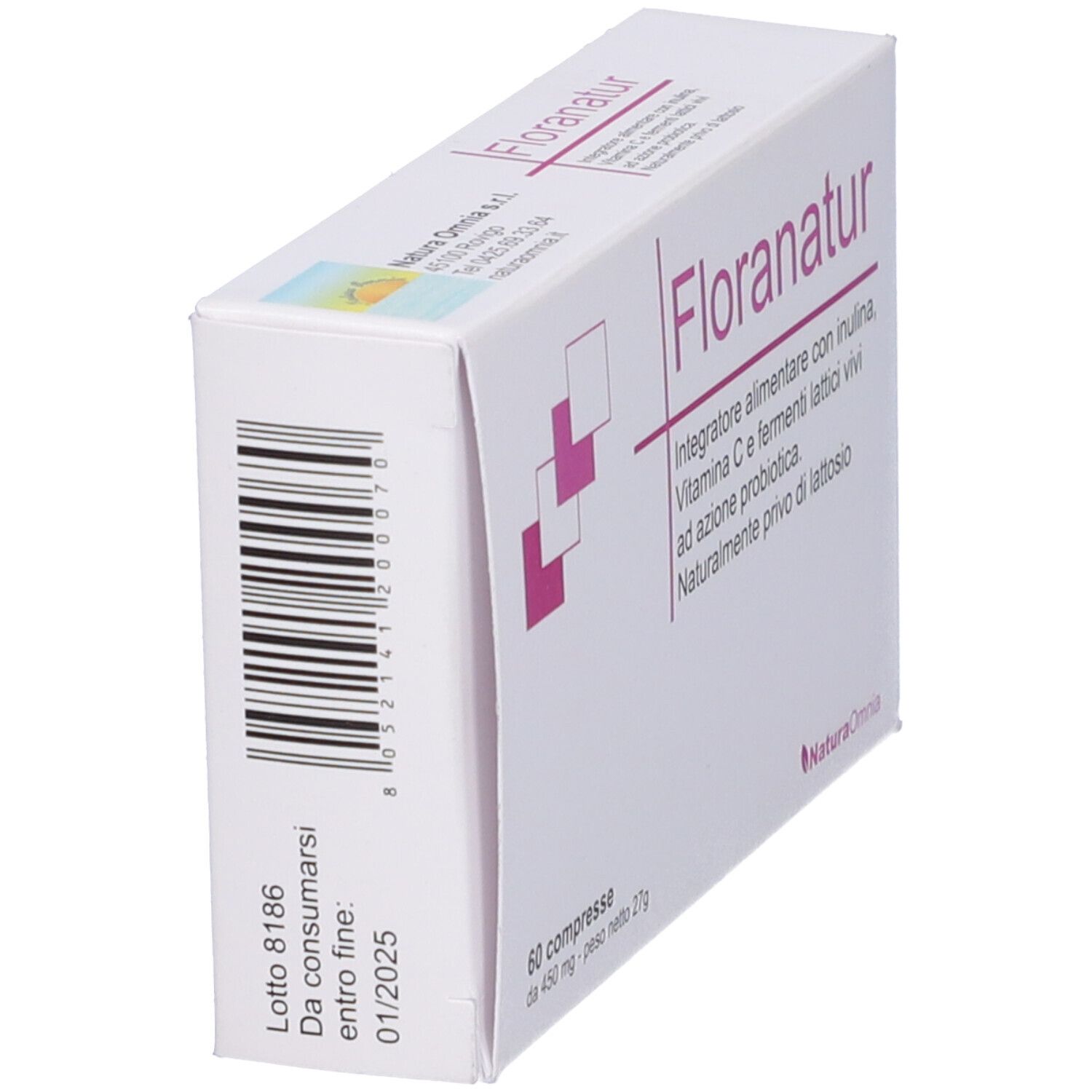 Scatola bianca con codice a barre e testo. Scritto Floranatur. Contiene 60 compresse. Scadenza 01/2025.