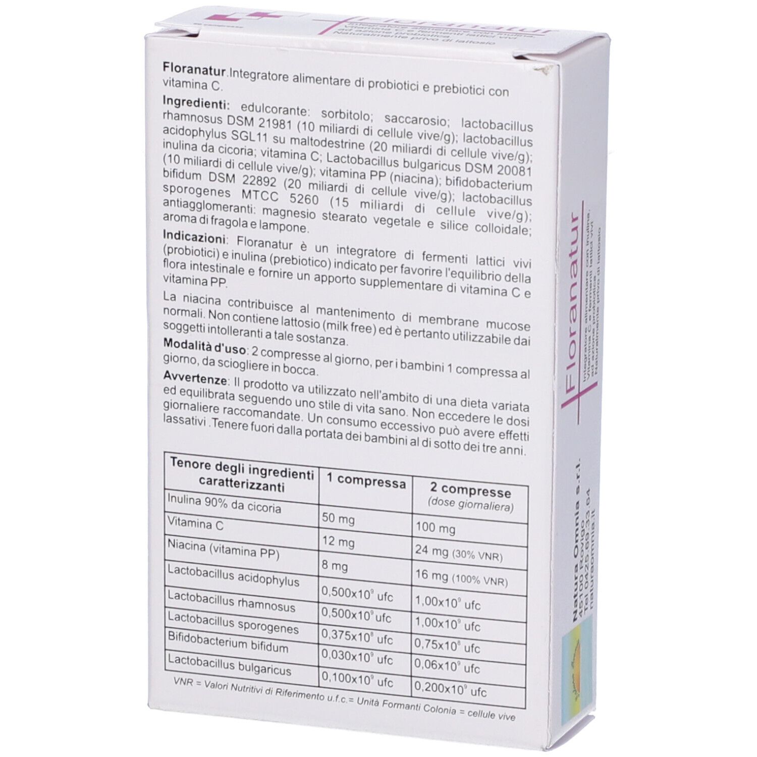 Retro della scatola bianca. Contiene informazioni su ingredienti, dosaggio e avvertenze. Testo in italiano.