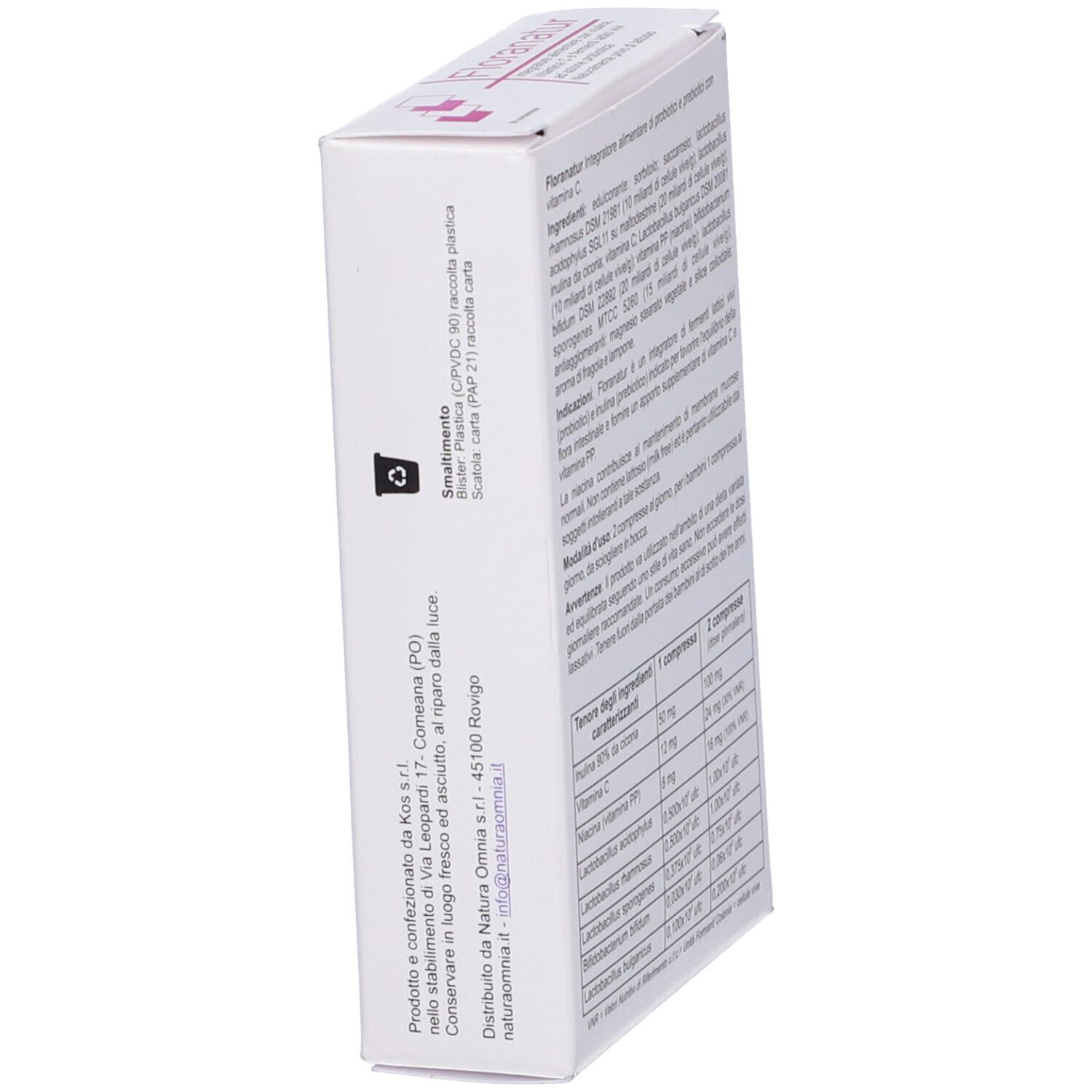 Scatola bianca con testo e simboli. Contiene informazioni sul produttore e lo smaltimento. Testo in italiano.