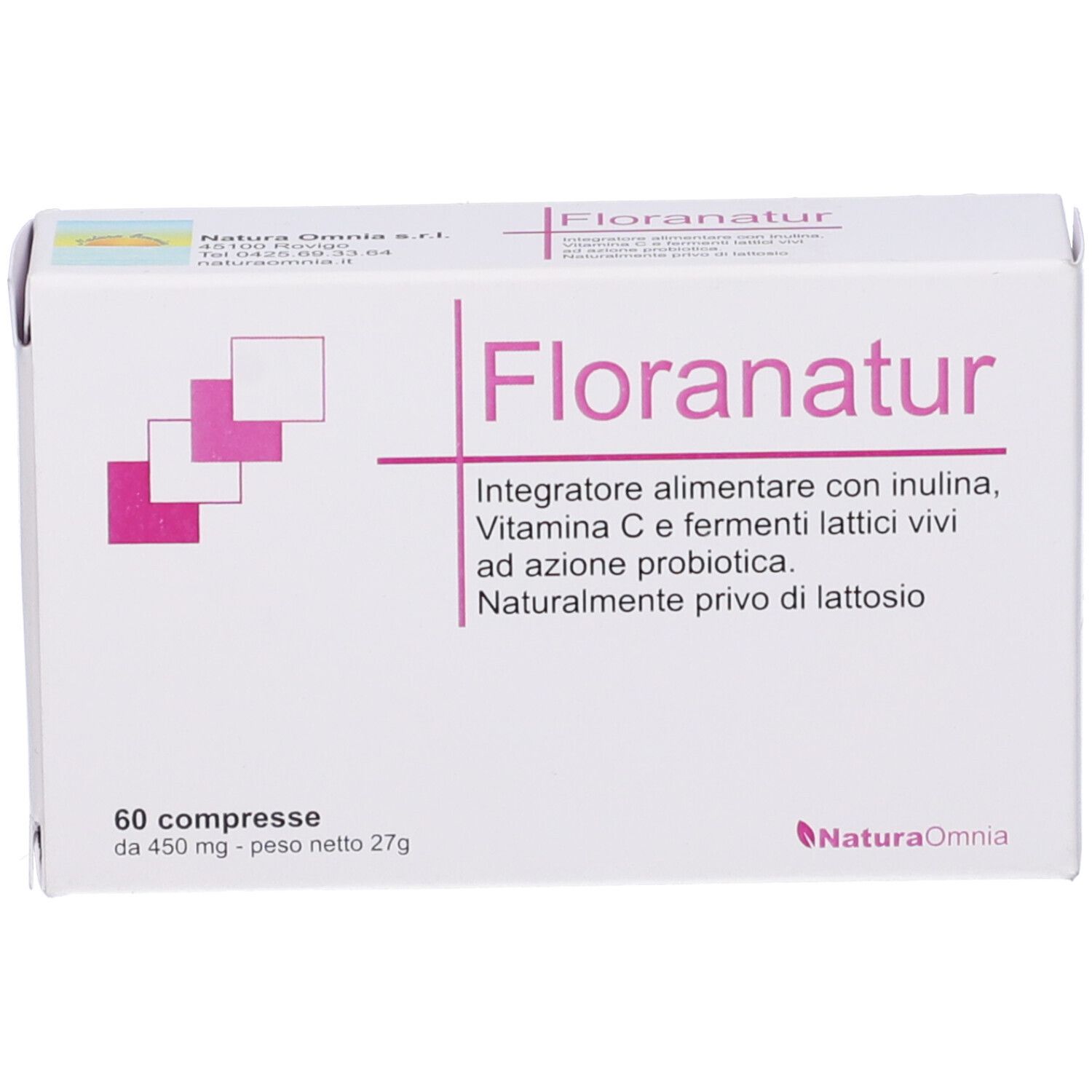 Scatola bianca con dettagli rosa. Scritto Floranatur, 60 compresse. Contiene inulina, vitamina C e fermenti lattici vivi.