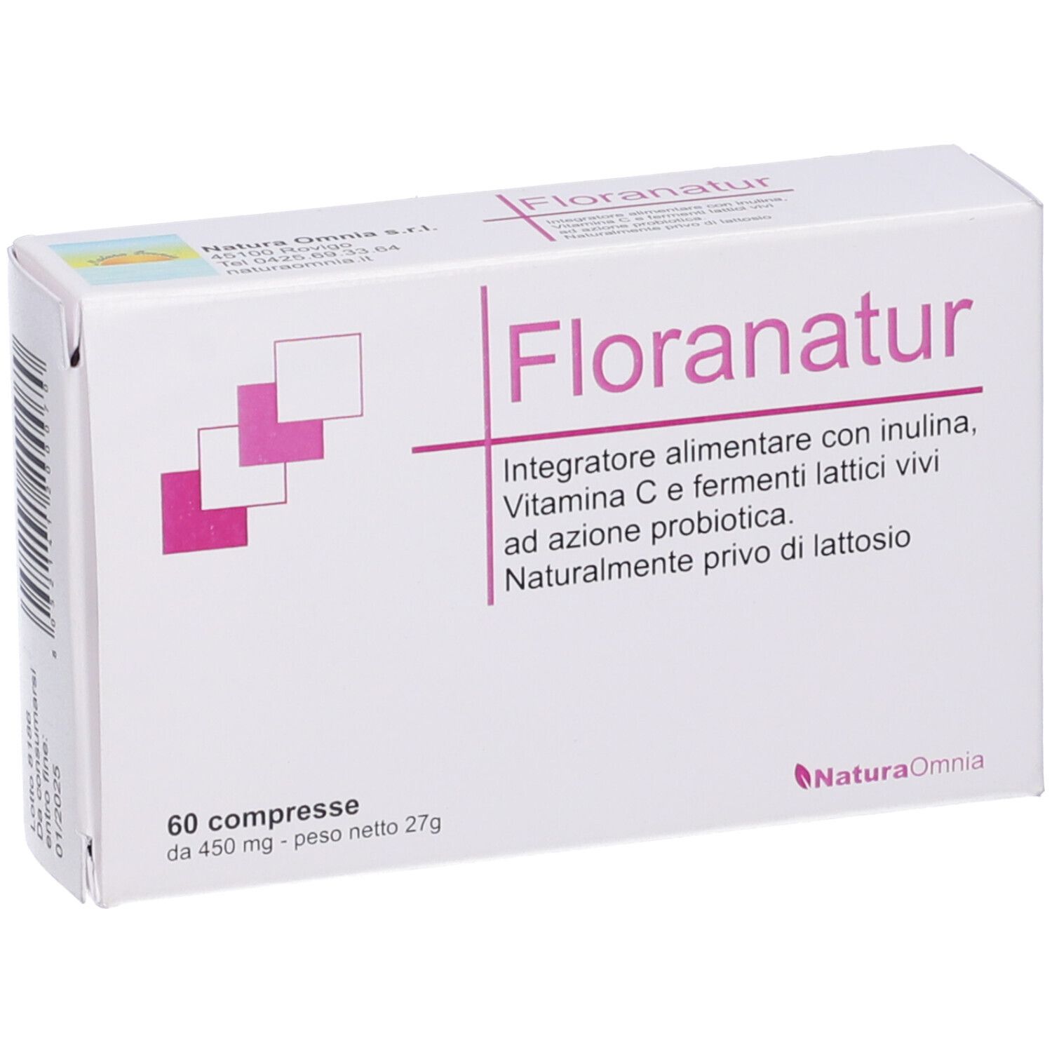 Scatola bianca con dettagli rosa. Scritto Floranatur, 60 compresse. Contiene inulina, vitamina C e fermenti lattici vivi.