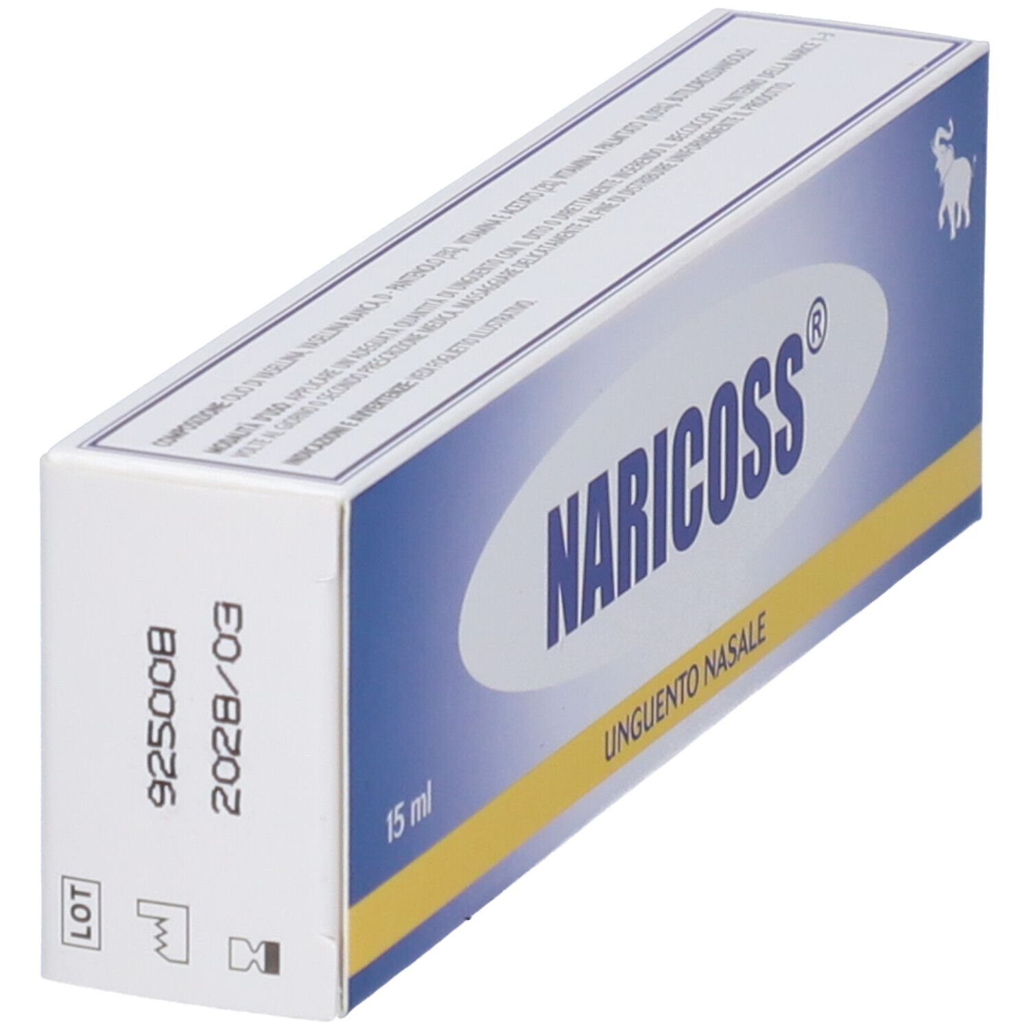 Scatola di NARICOSS® Unguento nasale. Confezione blu e bianca. 15 ml. Testo in italiano.
