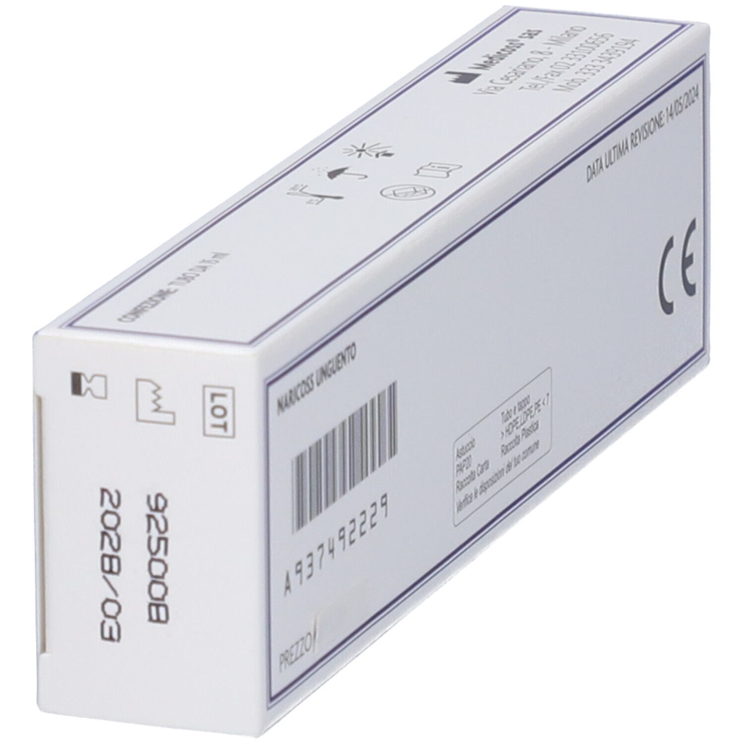 Retro della scatola di NARICOSS® Unguento nasale. Codice a barre, marchio CE, testo in italiano.