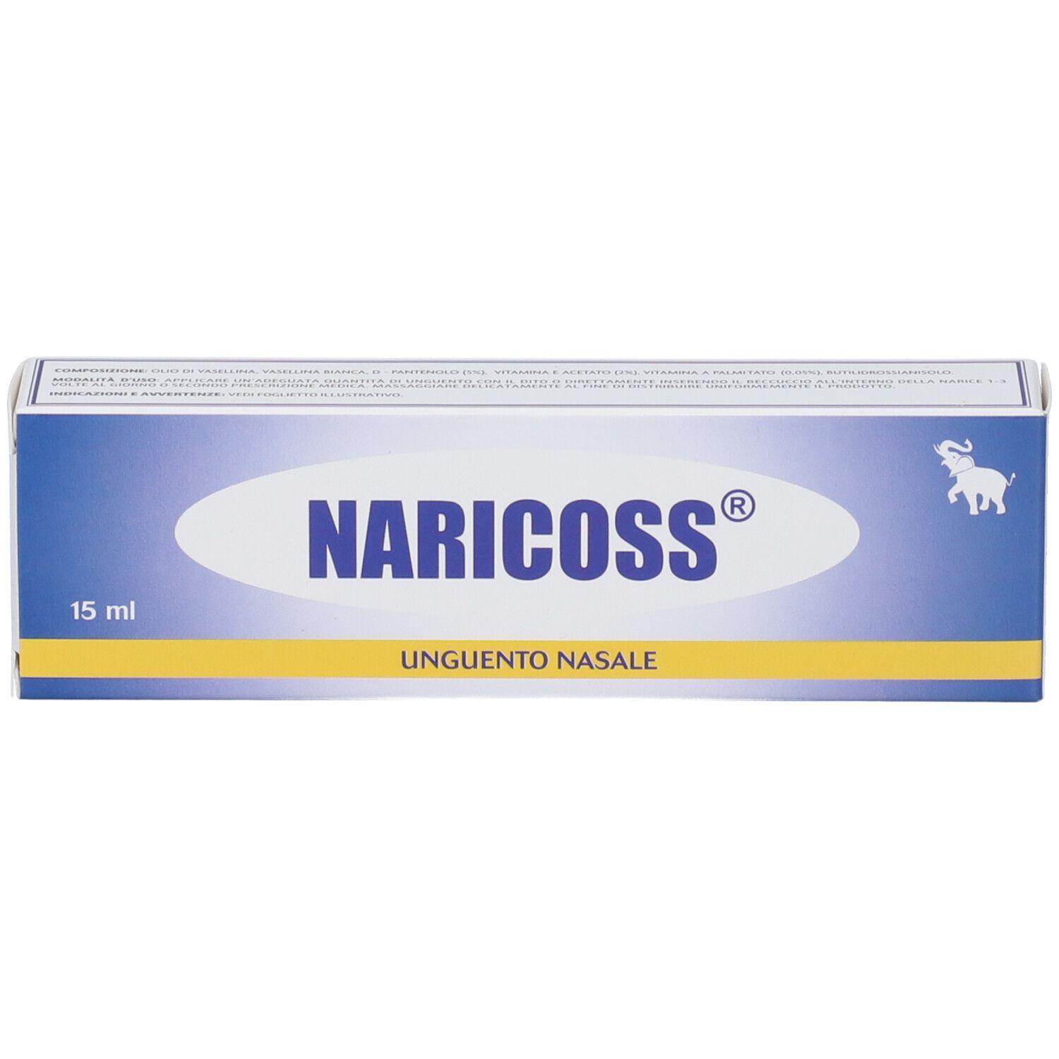 Scatola di NARICOSS® Unguento nasale. Confezione blu e bianca. 15 ml. Testo in italiano.