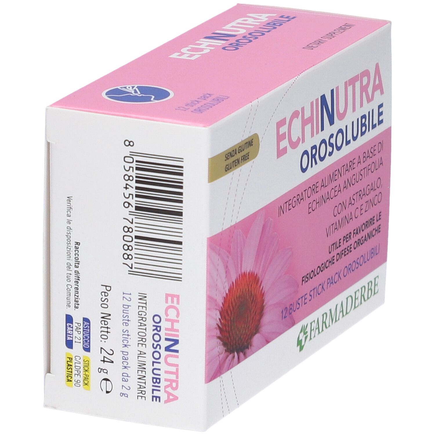 Scatola rosa, nome del prodotto e ingredienti. 12 bustine. Senza glutine.