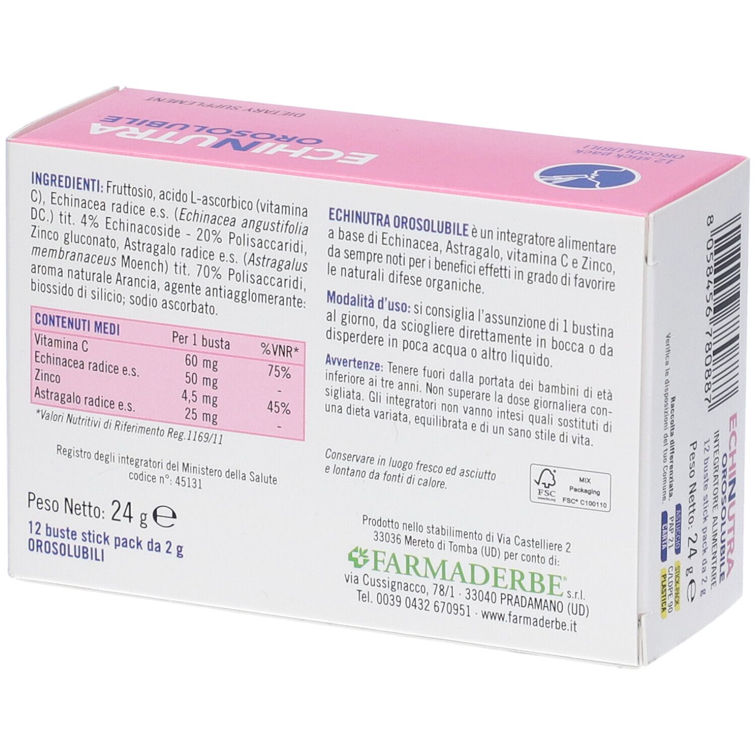 Scatola rosa con ingredienti e informazioni nutrizionali. 12 bustine.