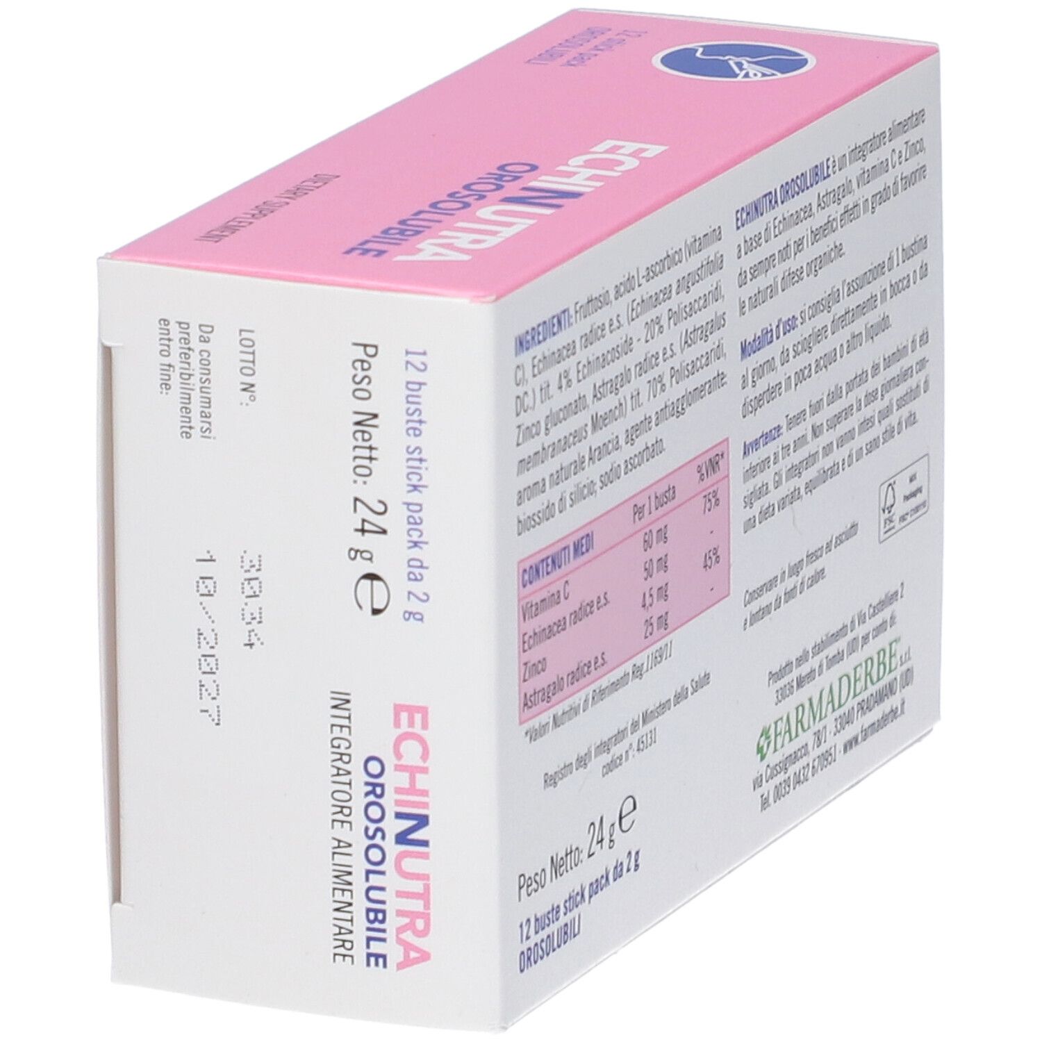 Scatola rosa con ingredienti e informazioni nutrizionali. 12 bustine.