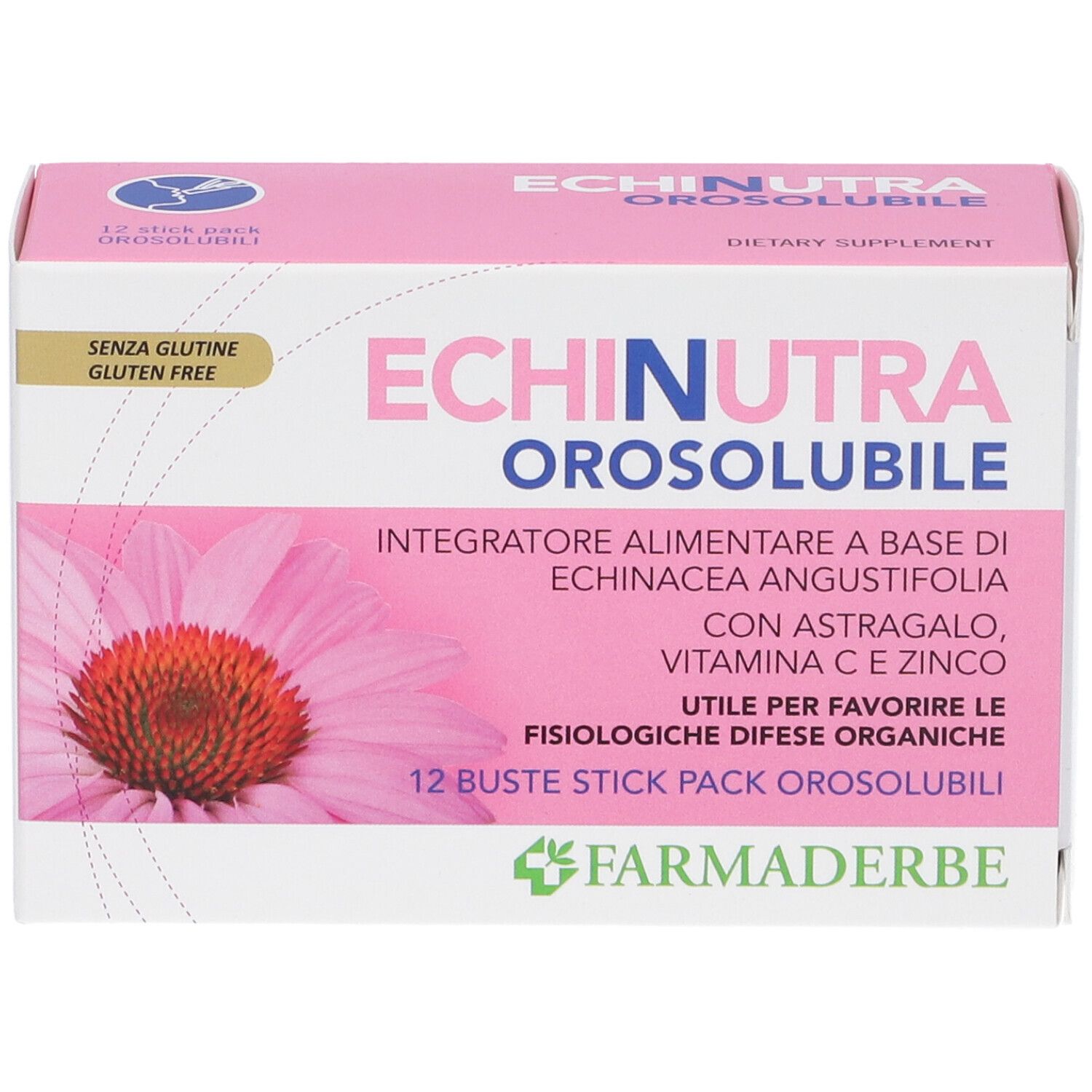 Scatola rosa con nome del prodotto e ingredienti. 12 bustine. Senza glutine.