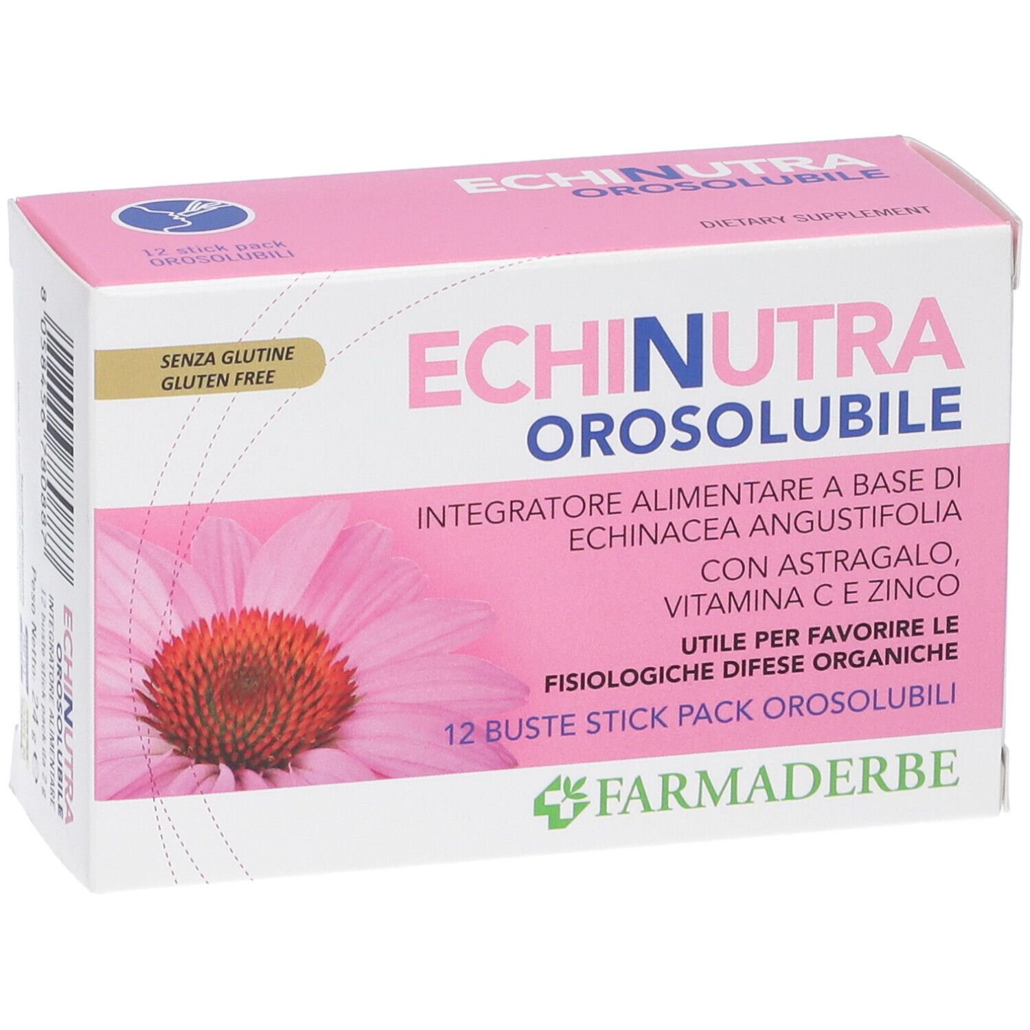 Scatola rosa con nome del prodotto e ingredienti. 12 bustine. Senza glutine.