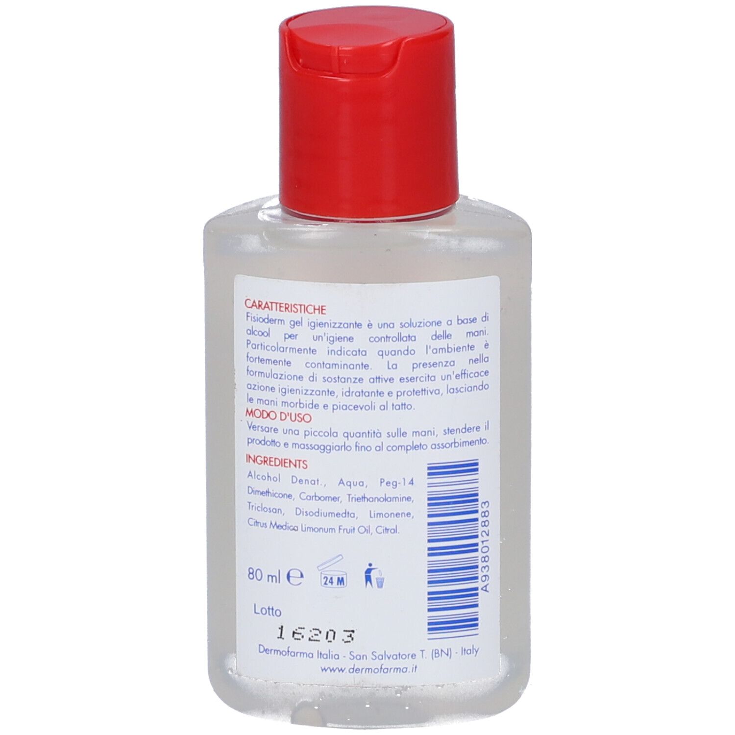 Retro del flacone di gel Fisioderm. Etichetta con ingredienti e testo. Indicazione di volume 80 ml.
