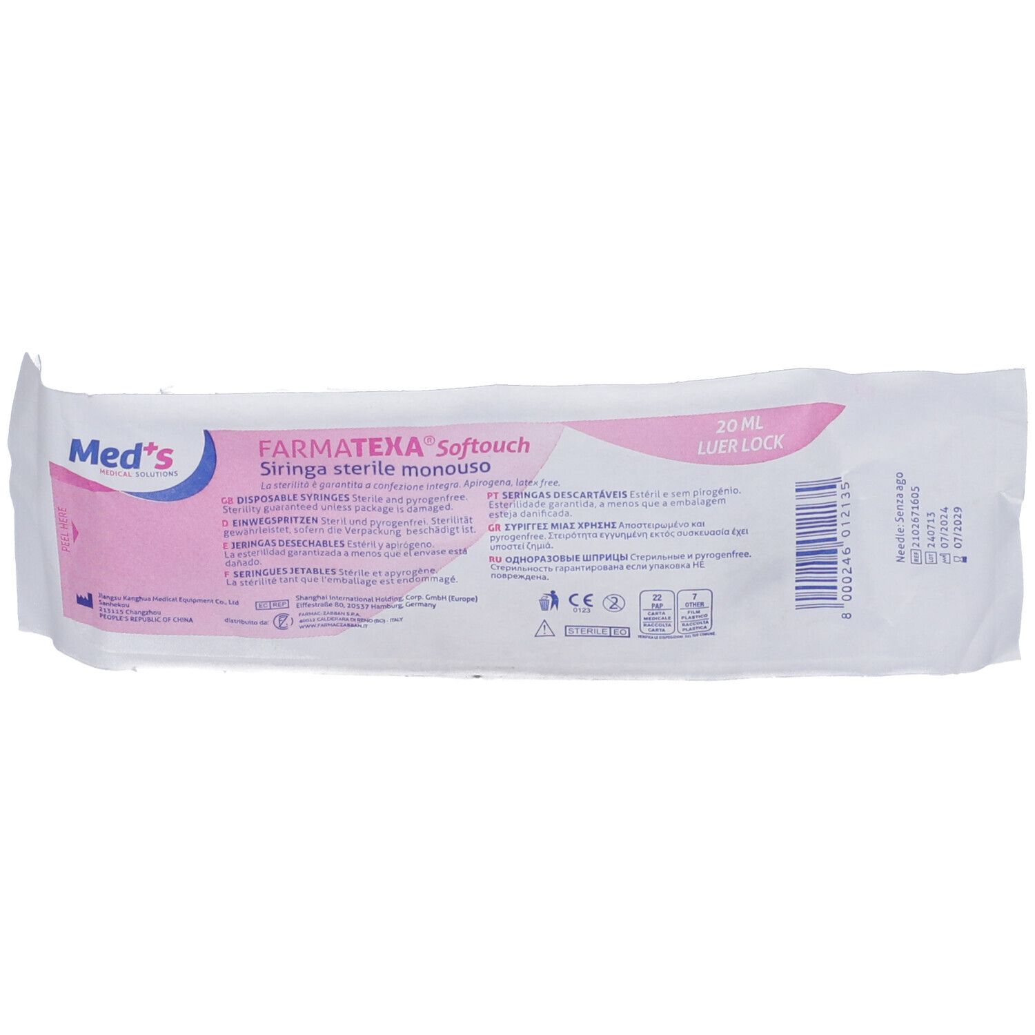 Siringa Meds 20 Ml Senza Ago Cono Centrale Luer Lock 1 Pezzo