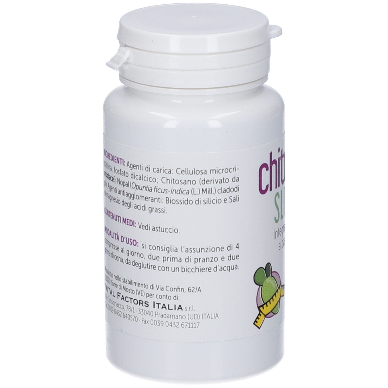 Flacone bianco, retro con testo verde. Elenco ingredienti, modalità d'uso e informazioni produttore.