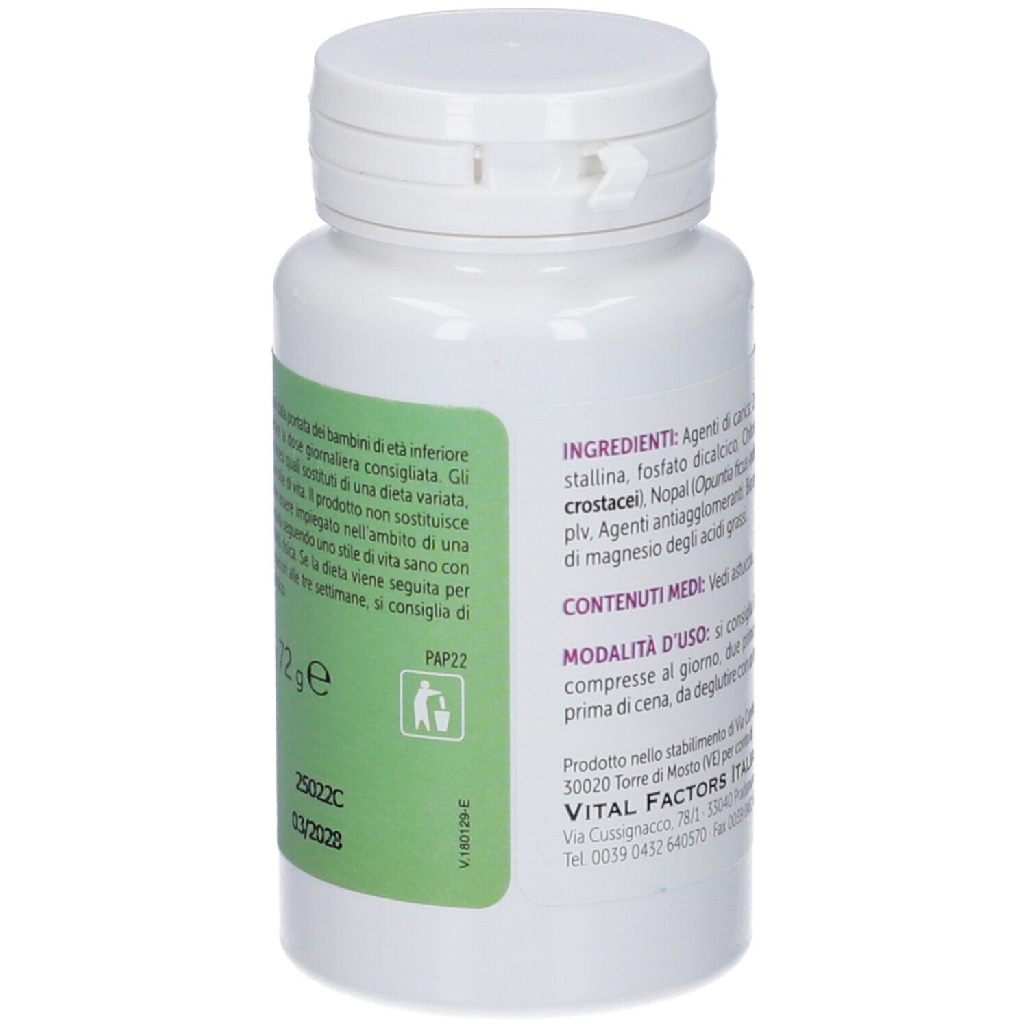 Flacone bianco, retro con etichetta verde. Contiene informazioni sugli ingredienti e l'uso.